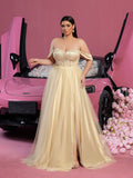 Plus Gorgeous Off Shoulder Beaded Sequin Bodice Split Thigh Tulle Formal Dress