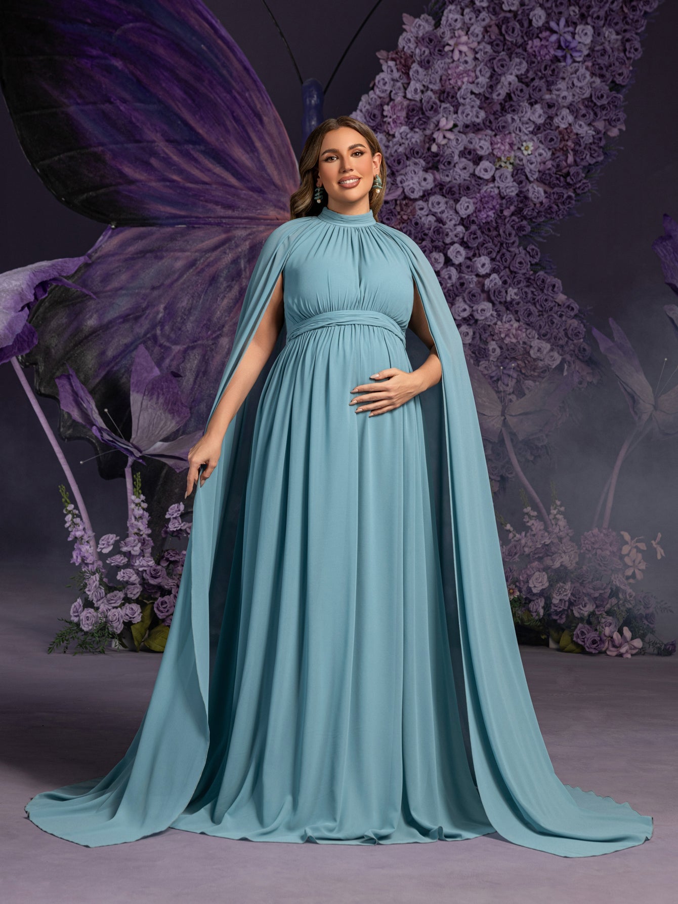 maternity evening dresses & formal gowns Plus Maternity Mock Neck Cape Sleeves Chiffon Evening Dress Teal Blue / 3XL