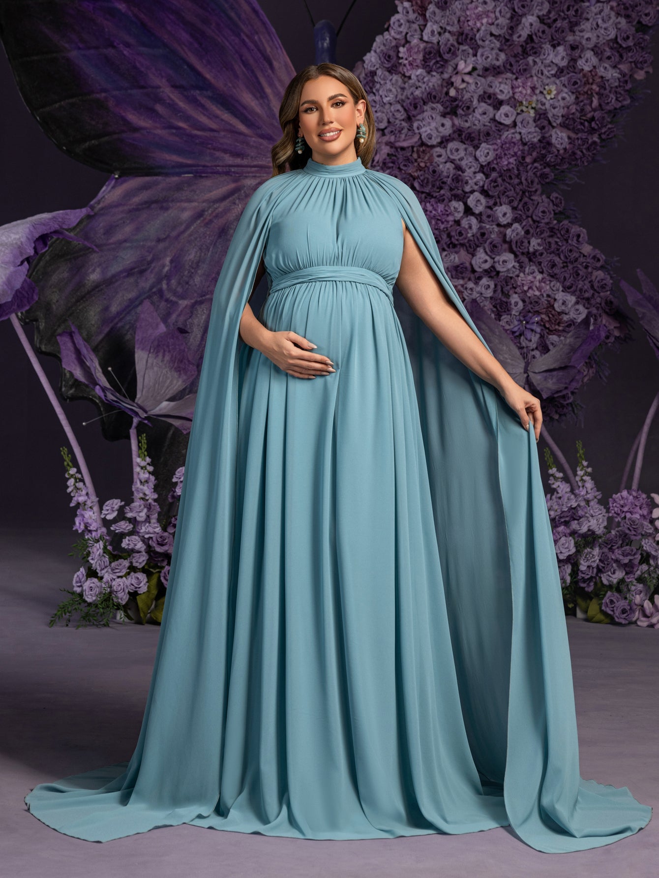 Plus Maternity Mock Neck Cape Sleeves Chiffon Evening Dress Teal Blue / 3XL Plus Maternity Mock Neck Cape Sleeves Chiffon Evening Dress Teal Blue / 3XL