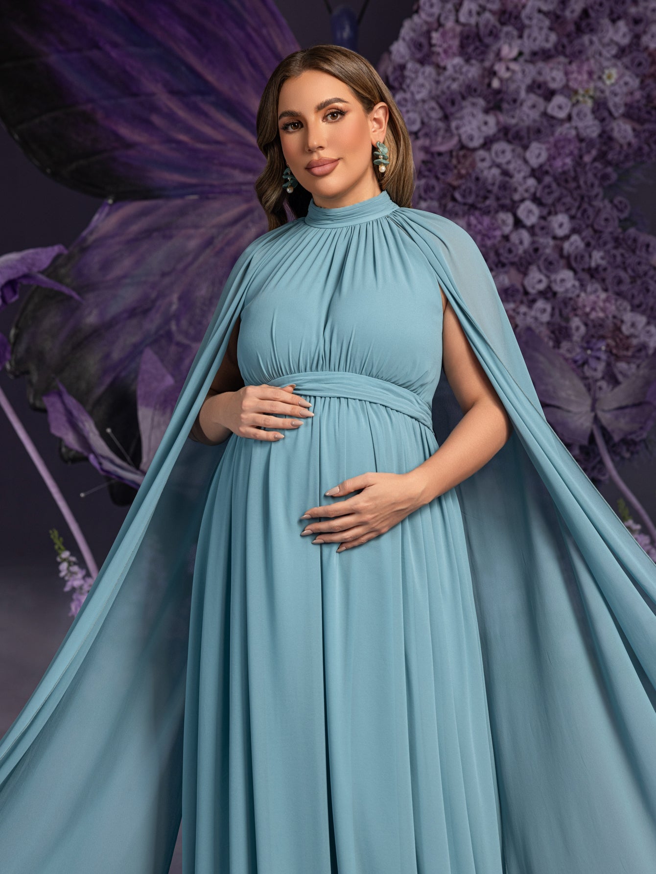 Plus Maternity Mock Neck Cape Sleeves Chiffon Evening Dress Teal Blue / 3XL Plus Maternity Mock Neck Cape Sleeves Chiffon Evening Dress Teal Blue / 3XL