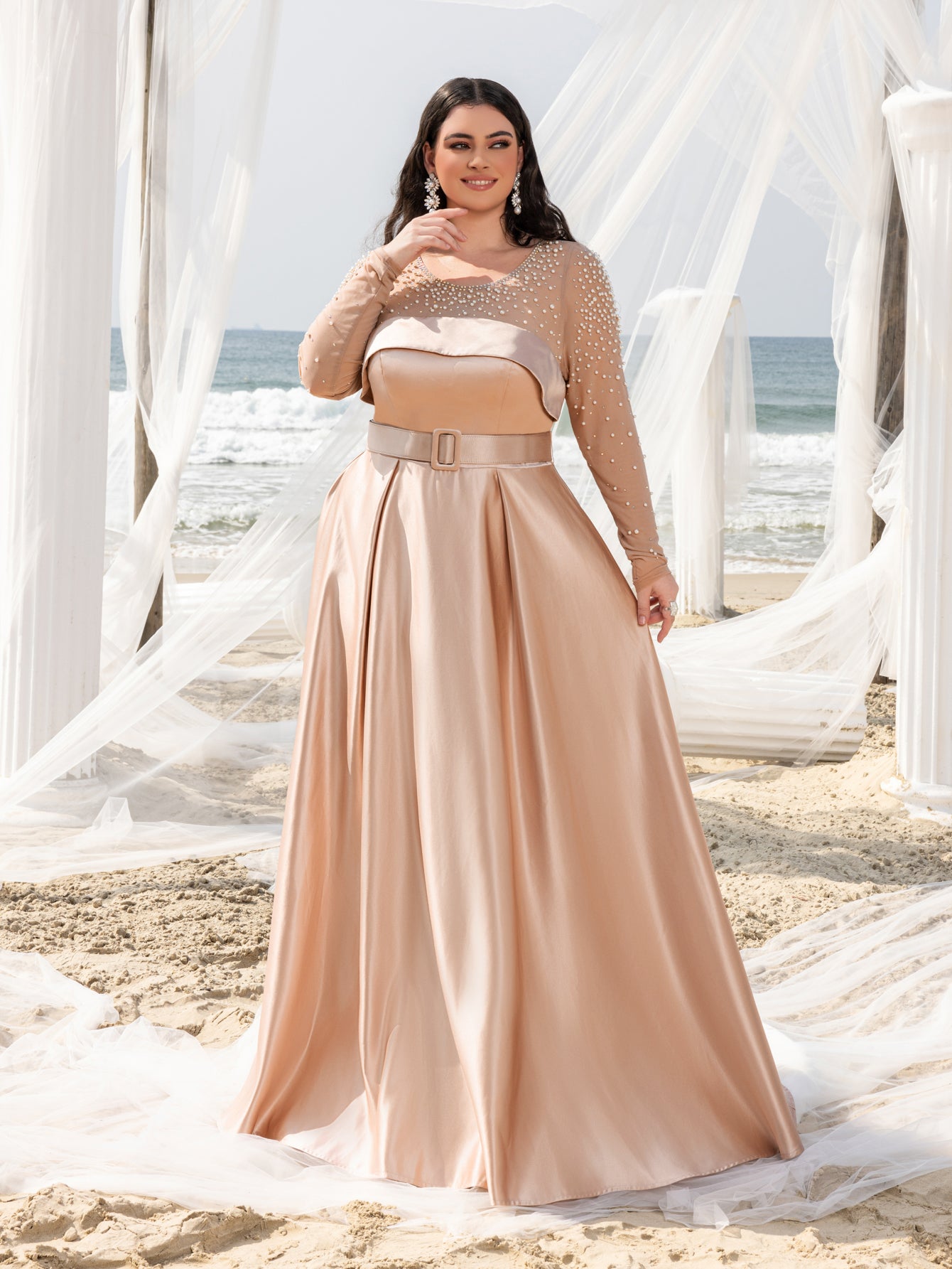 Plus Beaded Sheer Sleeve Formal Dress | Wide Belting | Satin A-Line Champagne / 3XL Plus Beaded Sheer Sleeve Formal Dress | Wide Belting | Satin A-Line Champagne / 3XL