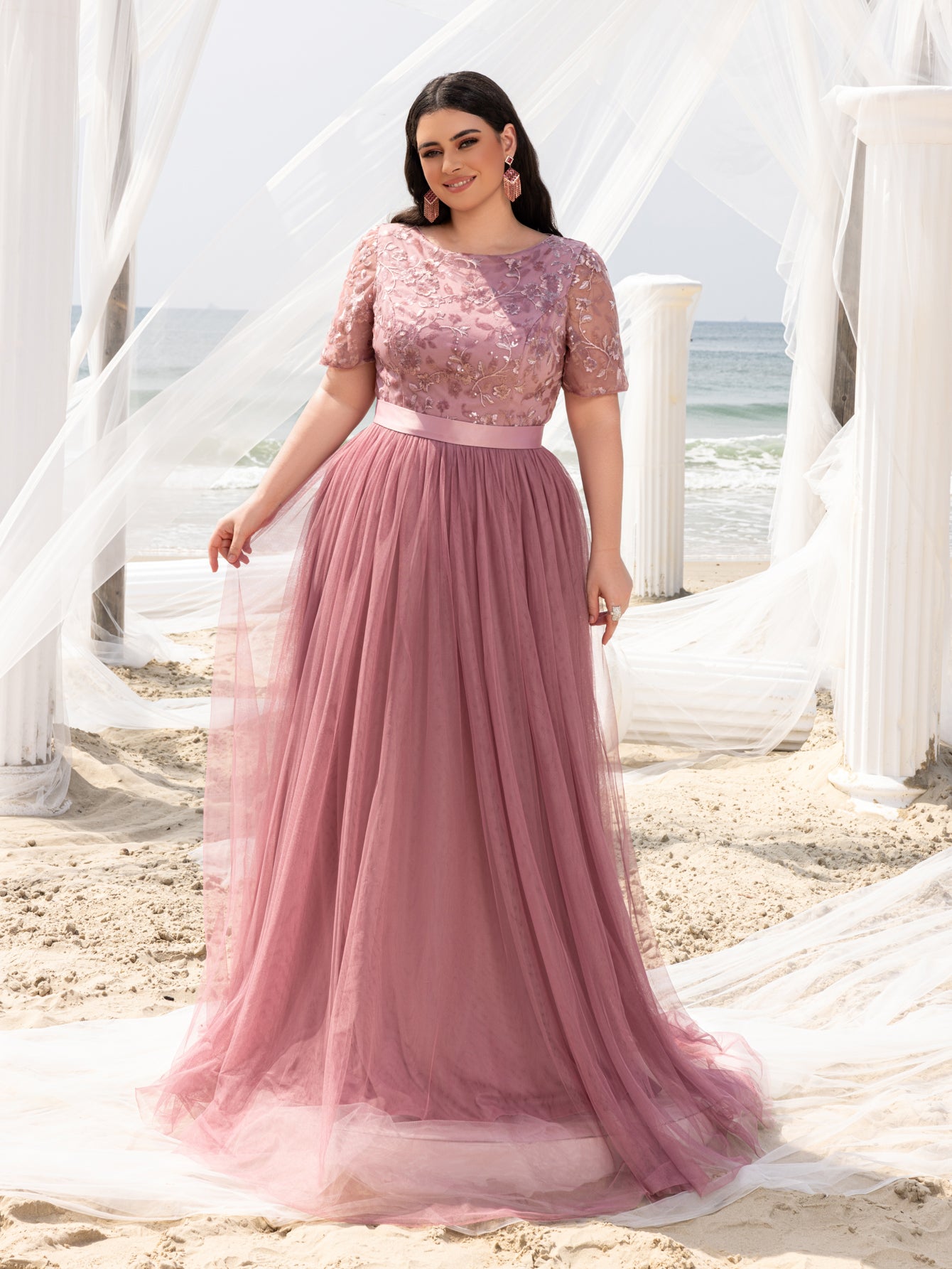 Plus-size Boat Neck Gown with Floral Sequin Embroidered Bodice & Tull Mauve / 1XL Plus-size Boat Neck Gown with Floral Sequin Embroidered Bodice & Tull Mauve / 1XL