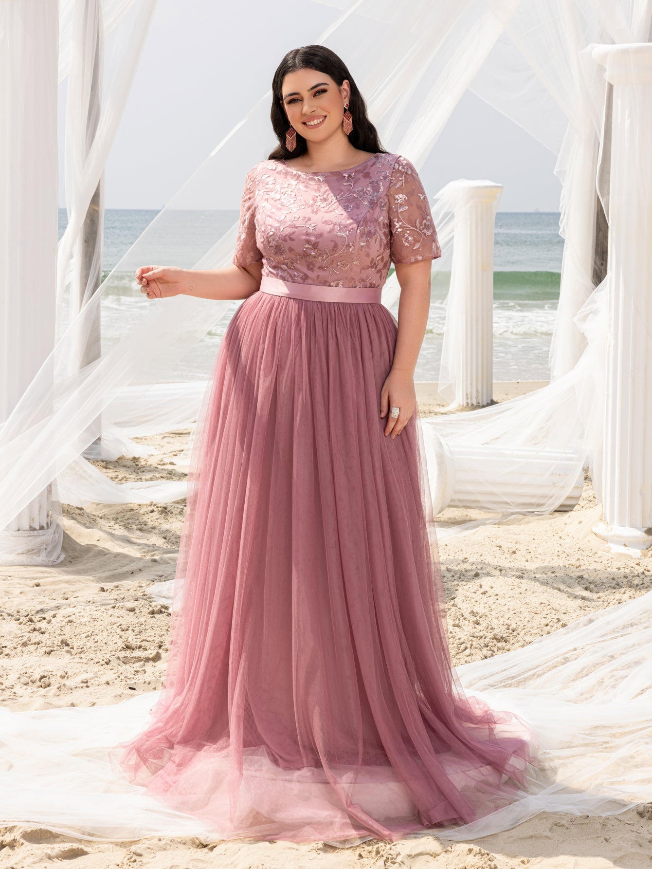 plus size dress with tulle skirt Plus-size Boat Neck Gown with Floral Sequin Embroidered Bodice & Tull Mauve / 1XL