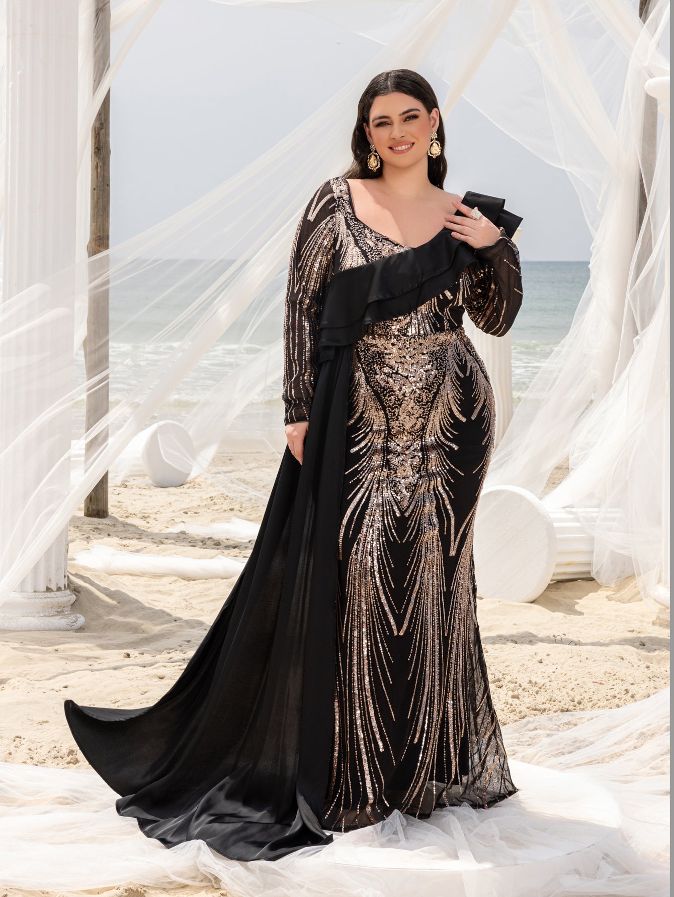 Plus Asymmetrical Ruffle Trim Mermaid Hem Graphic Sequin Formal Dress Bronze / 2XL Plus Asymmetrical Ruffle Trim Mermaid Hem Graphic Sequin Formal Dress Bronze / 2XL