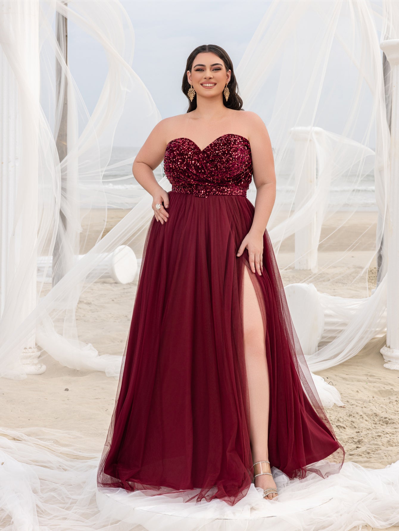 sequin thigh split dress Red Sequin Mermaid Prom Dress with High Thigh Slit