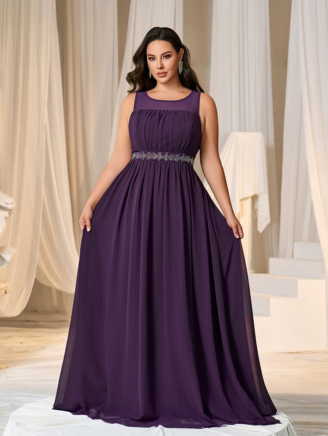 Plus Gorgeous Two-Piece Chiffon Evening Dress | Rhinestone Cape Sleeves & A-Line Skirt with Cathedral Train