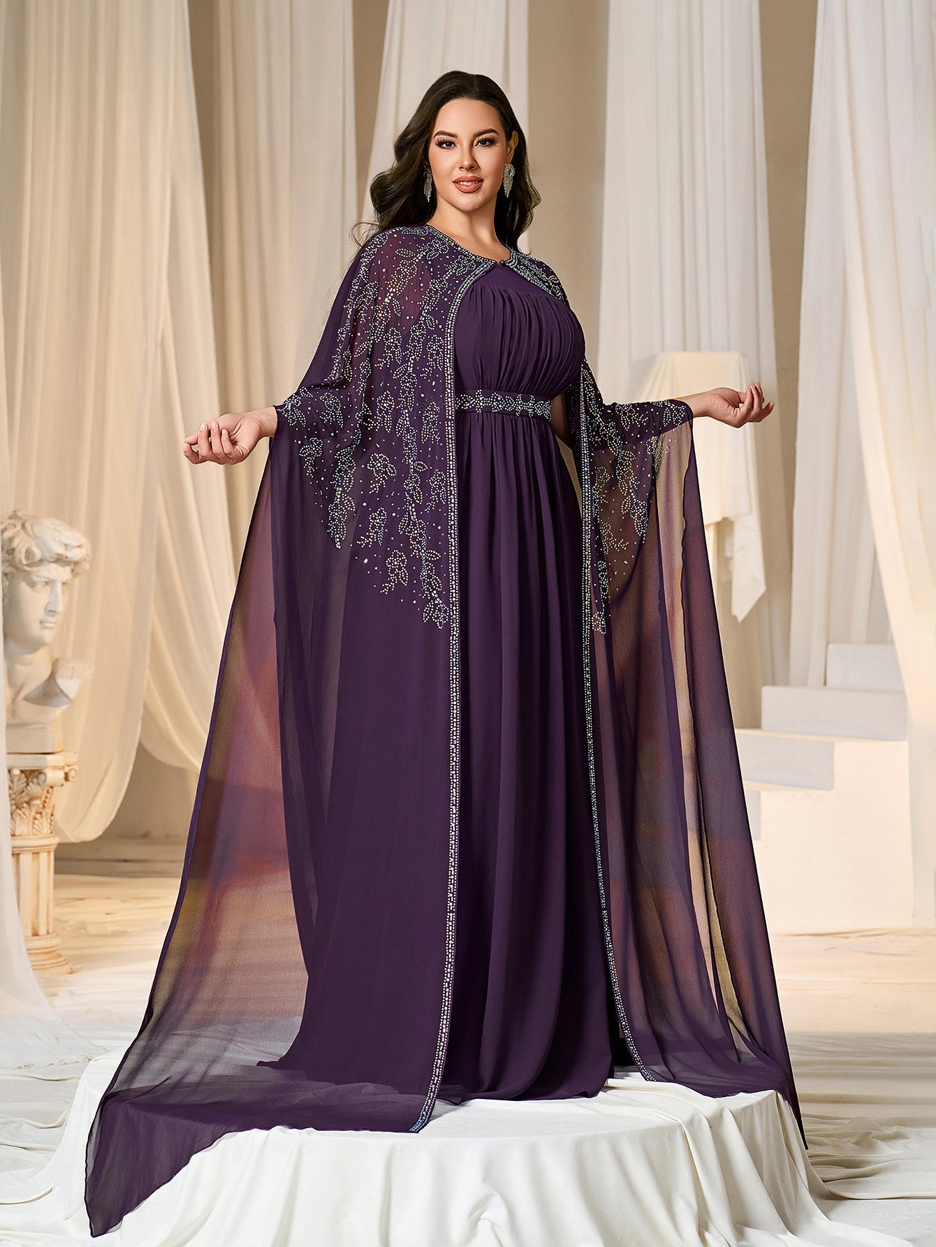 Plus Gorgeous Two-Piece Chiffon Evening Dress | Rhinestone Cape Sleeves & A-Line Skirt with Cathedral Train