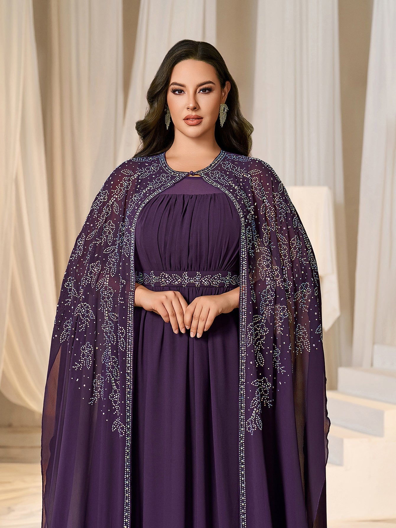 Plus Gorgeous Two-Piece Chiffon Evening Dress | Rhinestone Cape Sleeves & A-Line Skirt with Cathedral Train