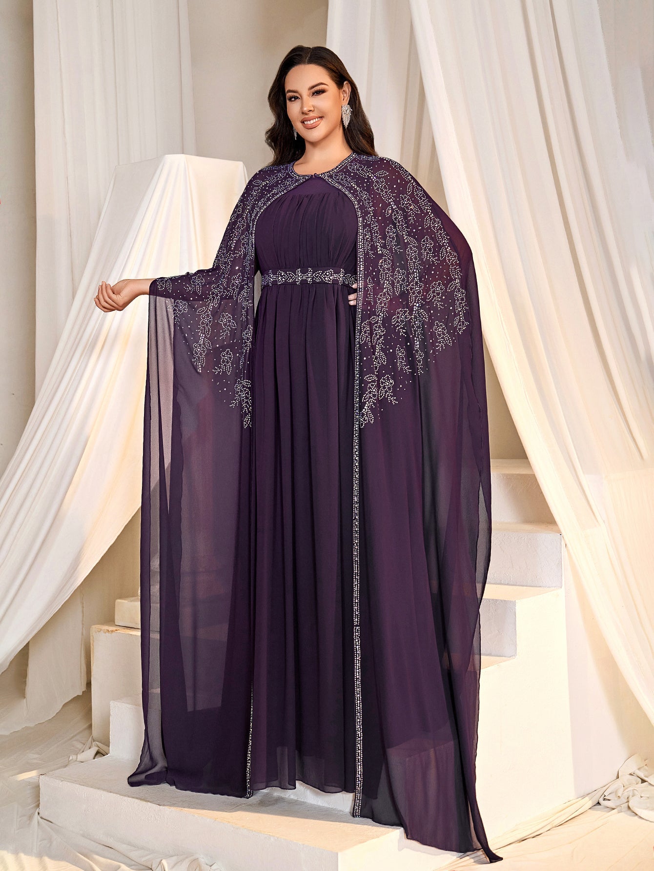 Plus Gorgeous Two-Piece Chiffon Evening Dress | Rhinestone Cape Sleeves & A-Line Skirt with Cathedral Train