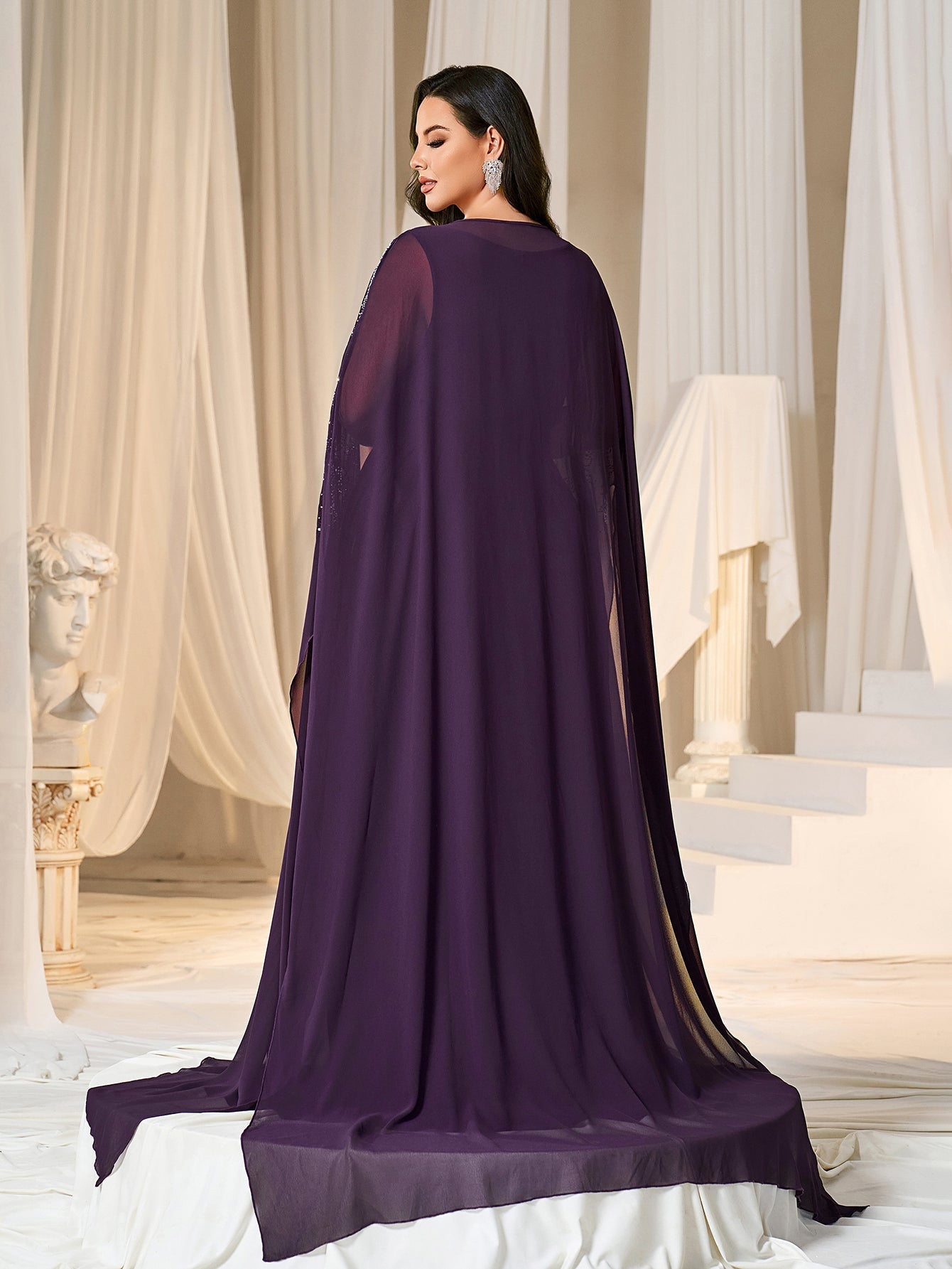 Plus Gorgeous Two-Piece Chiffon Evening Dress | Rhinestone Cape Sleeves & A-Line Skirt with Cathedral Train