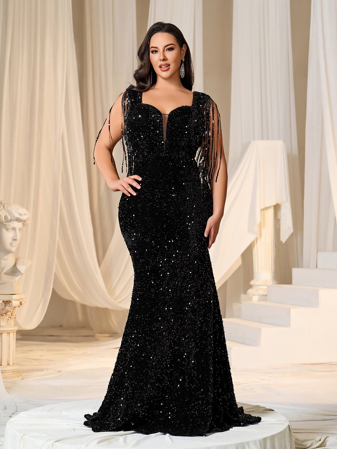 Plus Sweetheart Neck Mermaid Hem Sequin Fringed Evening Dress Champagne / 2XL Plus Sweetheart Neck Mermaid Hem Sequin Fringed Evening Dress Champagne / 2XL