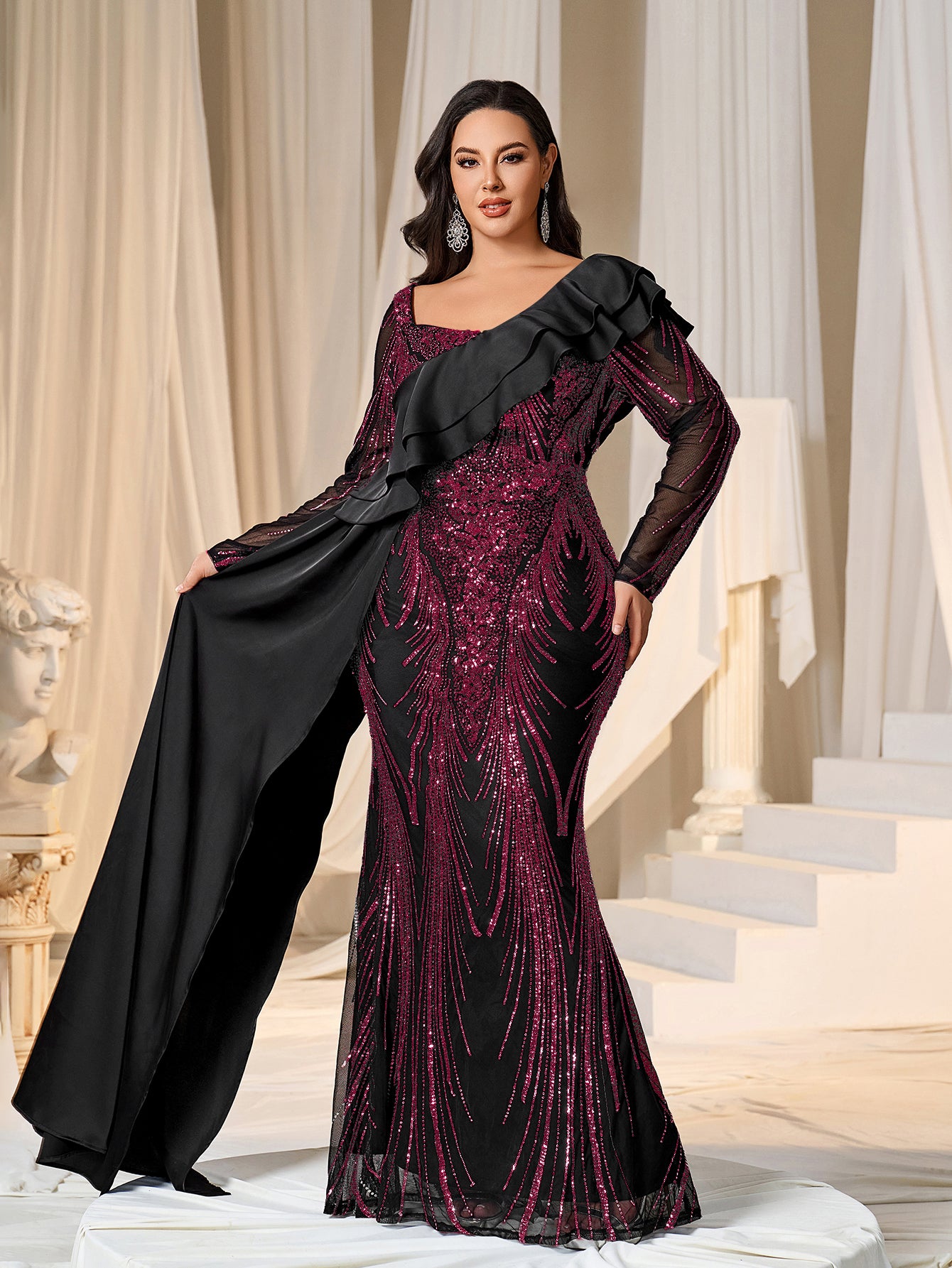 Plus Asymmetrical Ruffle Trim Mermaid Hem Graphic Sequin Formal Dress – Curvepretty