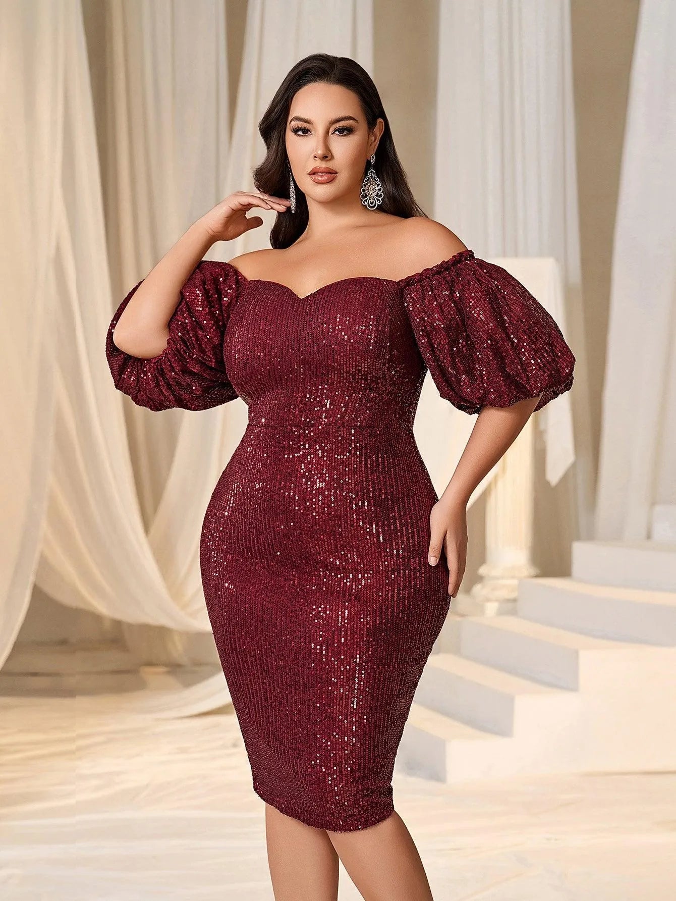 Plus Off Shoulder Puff Sleeves Sequin Midi Dress - Elonnashop