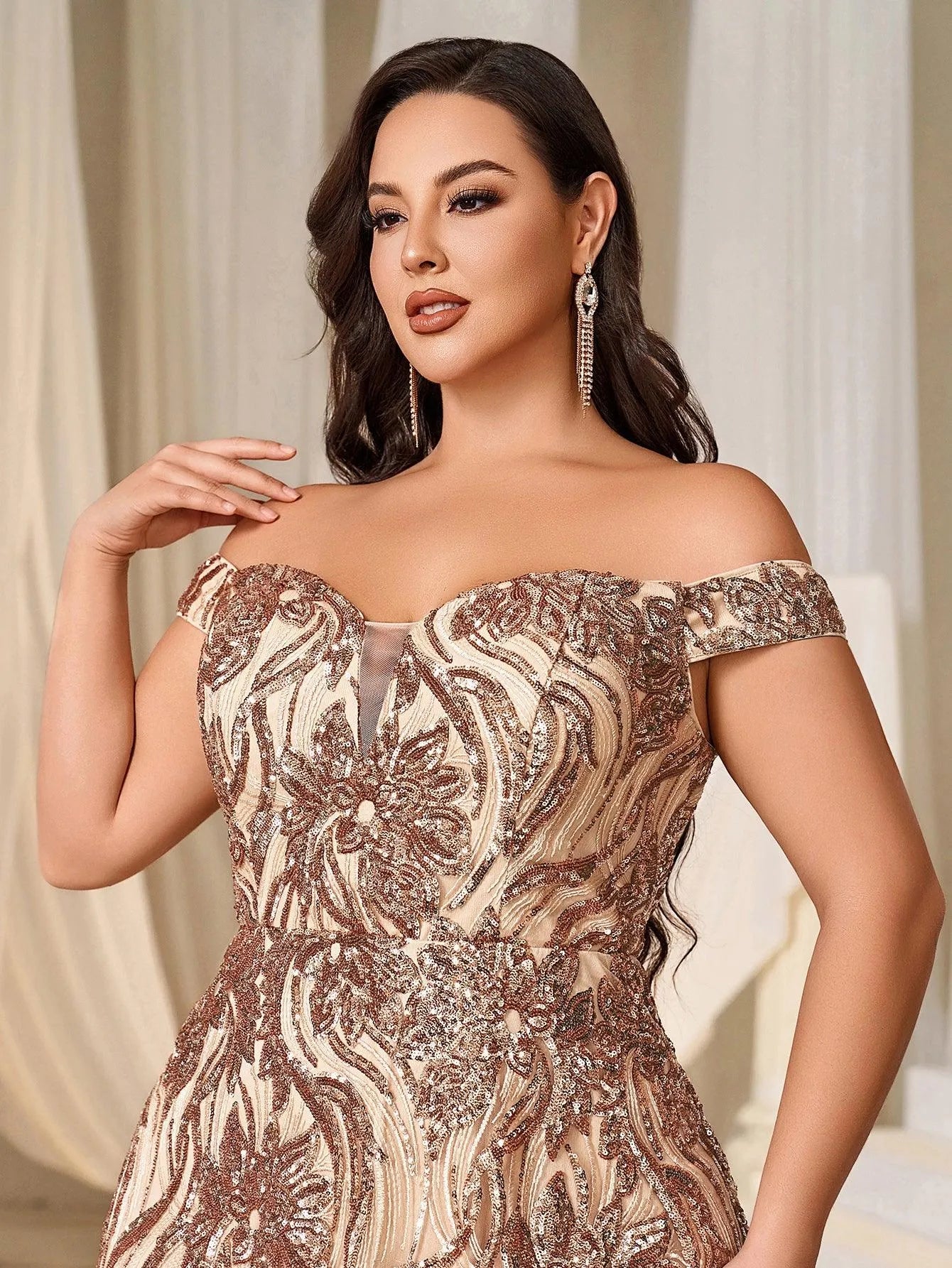 plus gold formal dress Plus Size Gold Formal V Neck Long Sleeve High Waist Pleated Maxi Dress