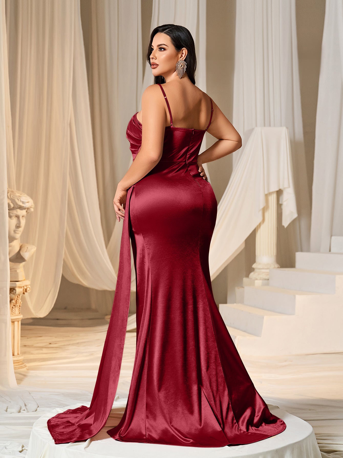 Plus Asymmetric Neckline Satin Mermaid Party Dress