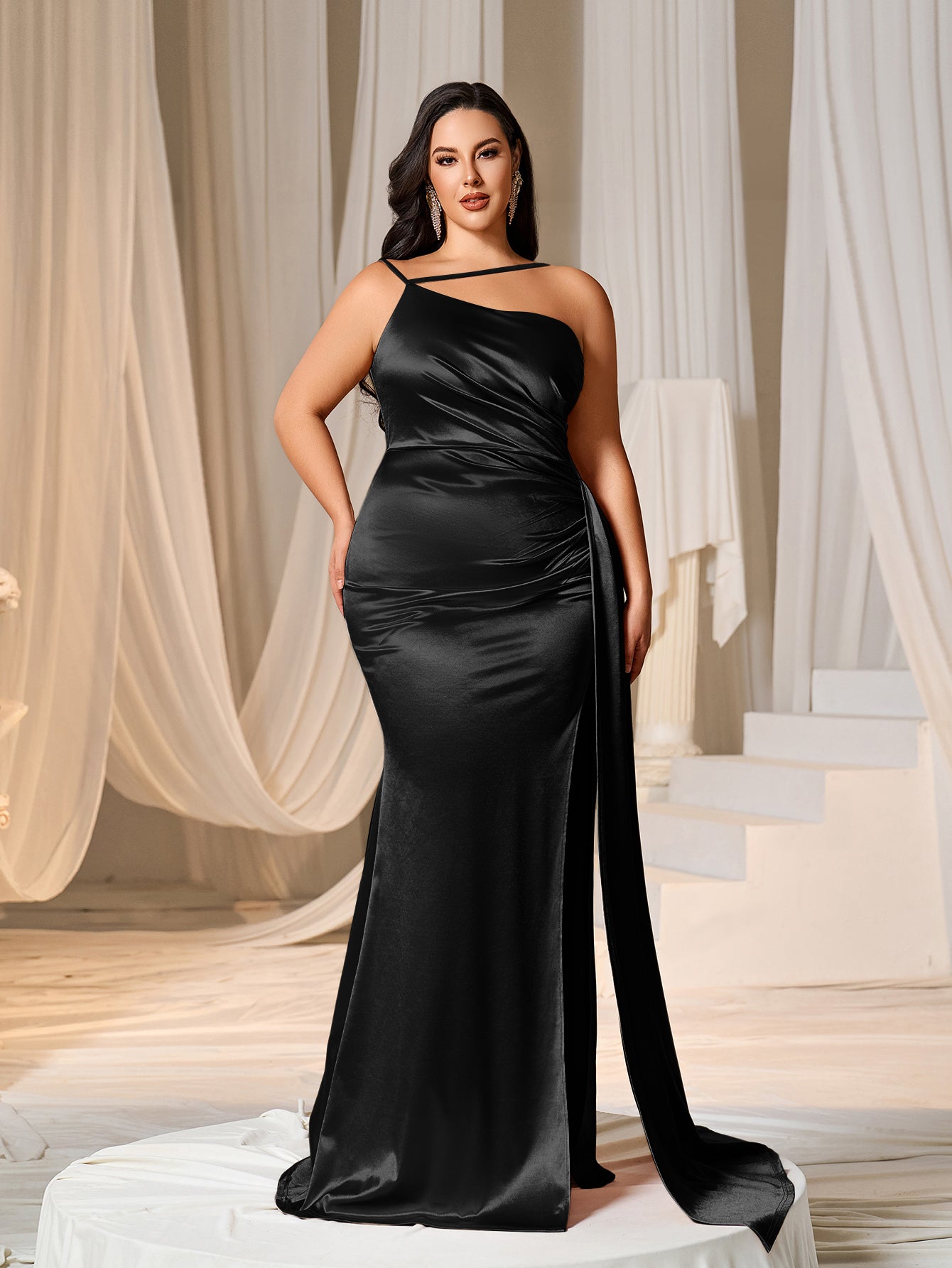 Plus Asymmetric Neckline Satin Mermaid Party Dress