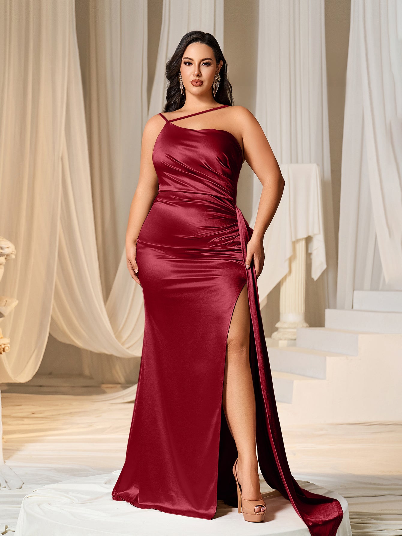 asymmetric neckline dress Plus Asymmetric Neckline Satin Mermaid Party Dress Black / 3XL
