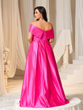 Plus Elegant Off Shoulder Satin A Line Prom Dress - Elonnashop