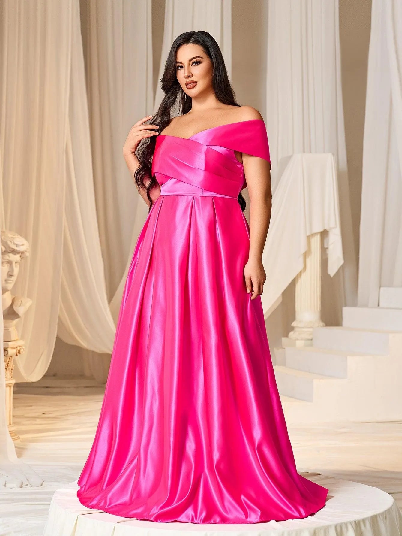 Plus Elegant Off Shoulder Satin A Line Prom Dress Hot Pink / 5XL Plus Elegant Off Shoulder Satin A Line Prom Dress Hot Pink / 5XL