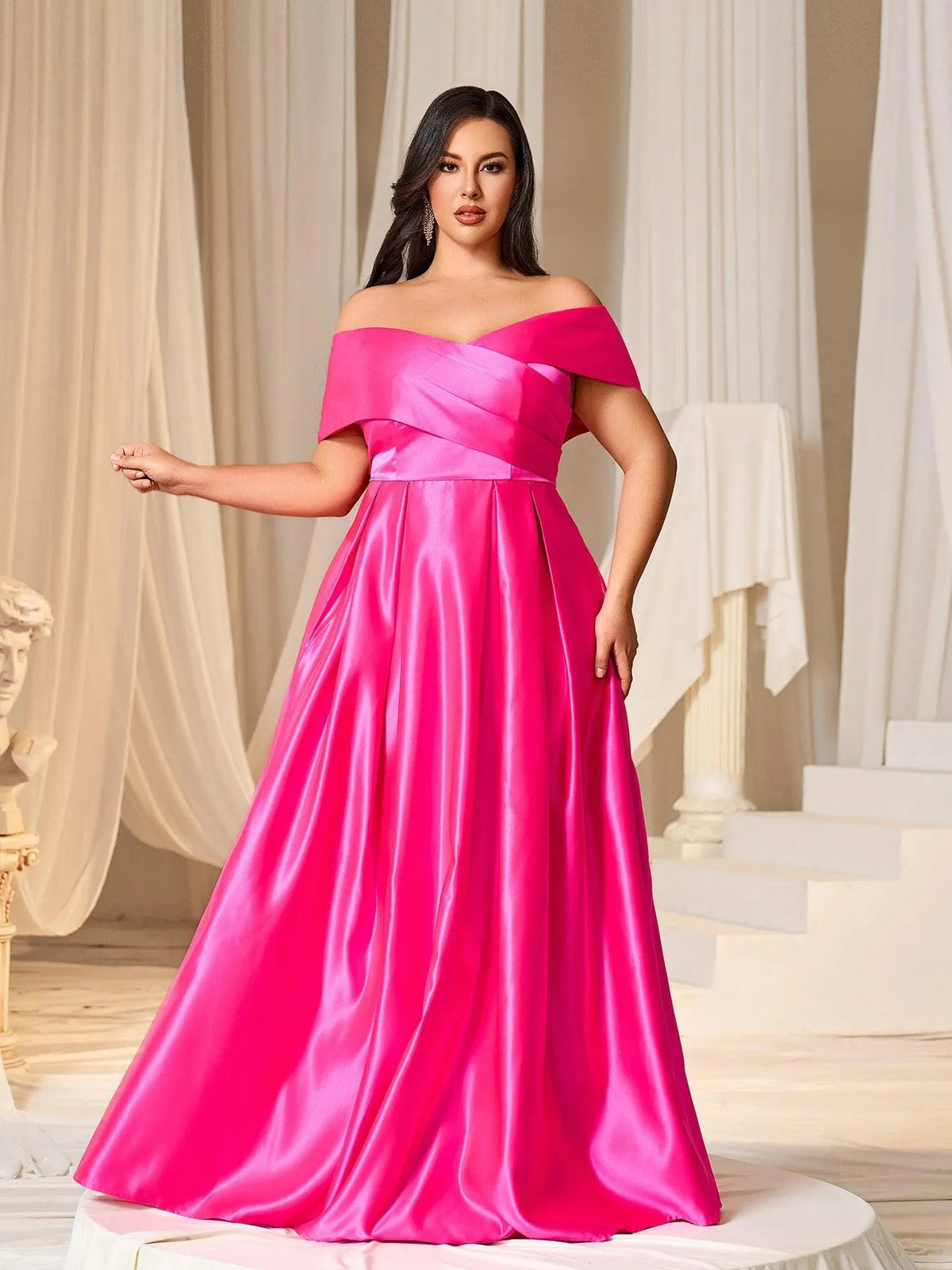 Plus Elegant Off Shoulder Satin A Line Prom Dress - Elonnashop