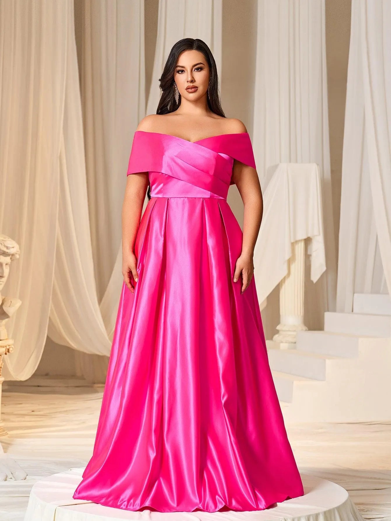 Plus Elegant Off Shoulder Satin A Line Prom Dress Hot Pink / 5XL Plus Elegant Off Shoulder Satin A Line Prom Dress Hot Pink / 5XL