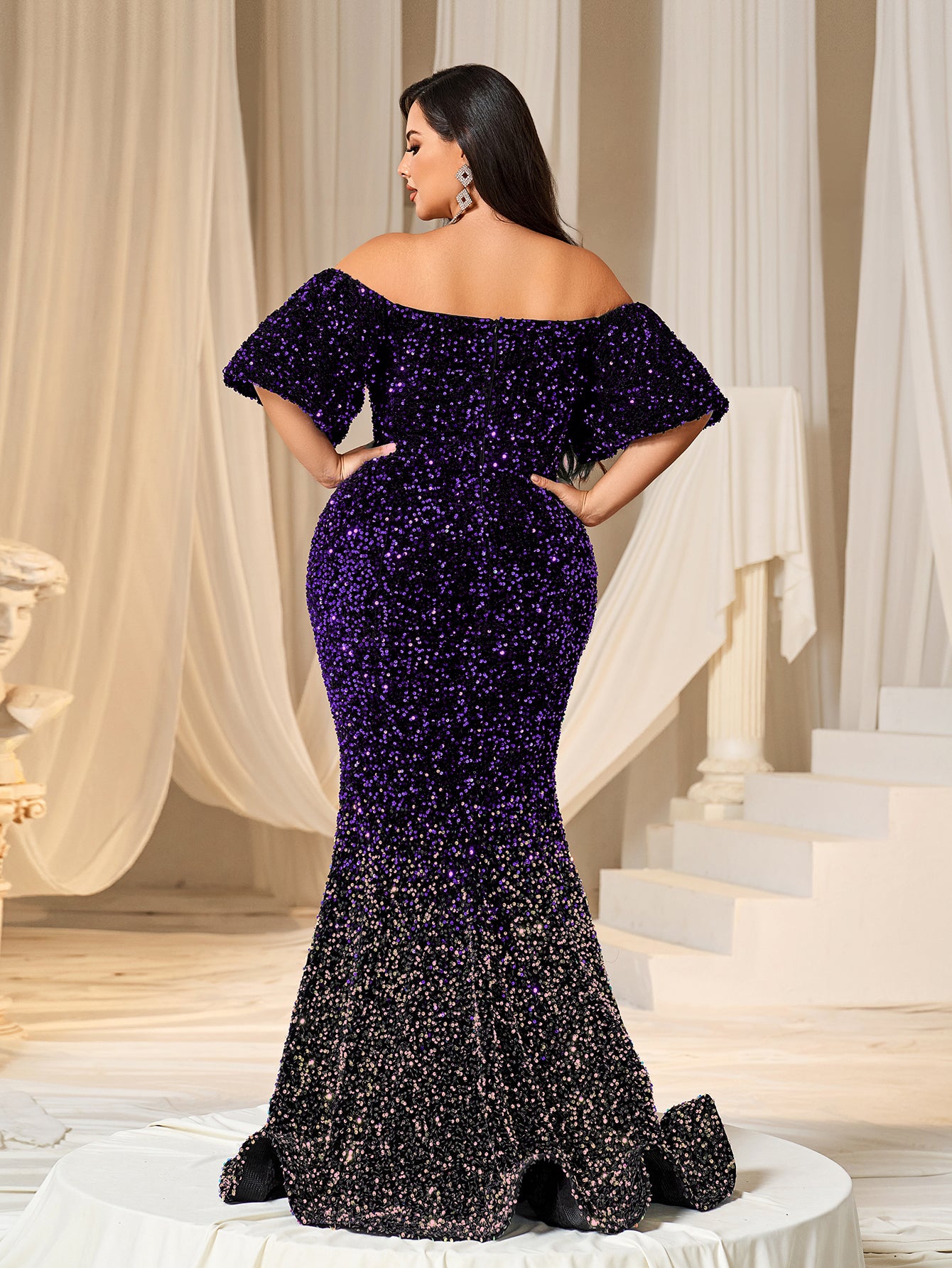 Plus Off Shoulder Puff Sleeves Ombre Sequin Mermaid Dress