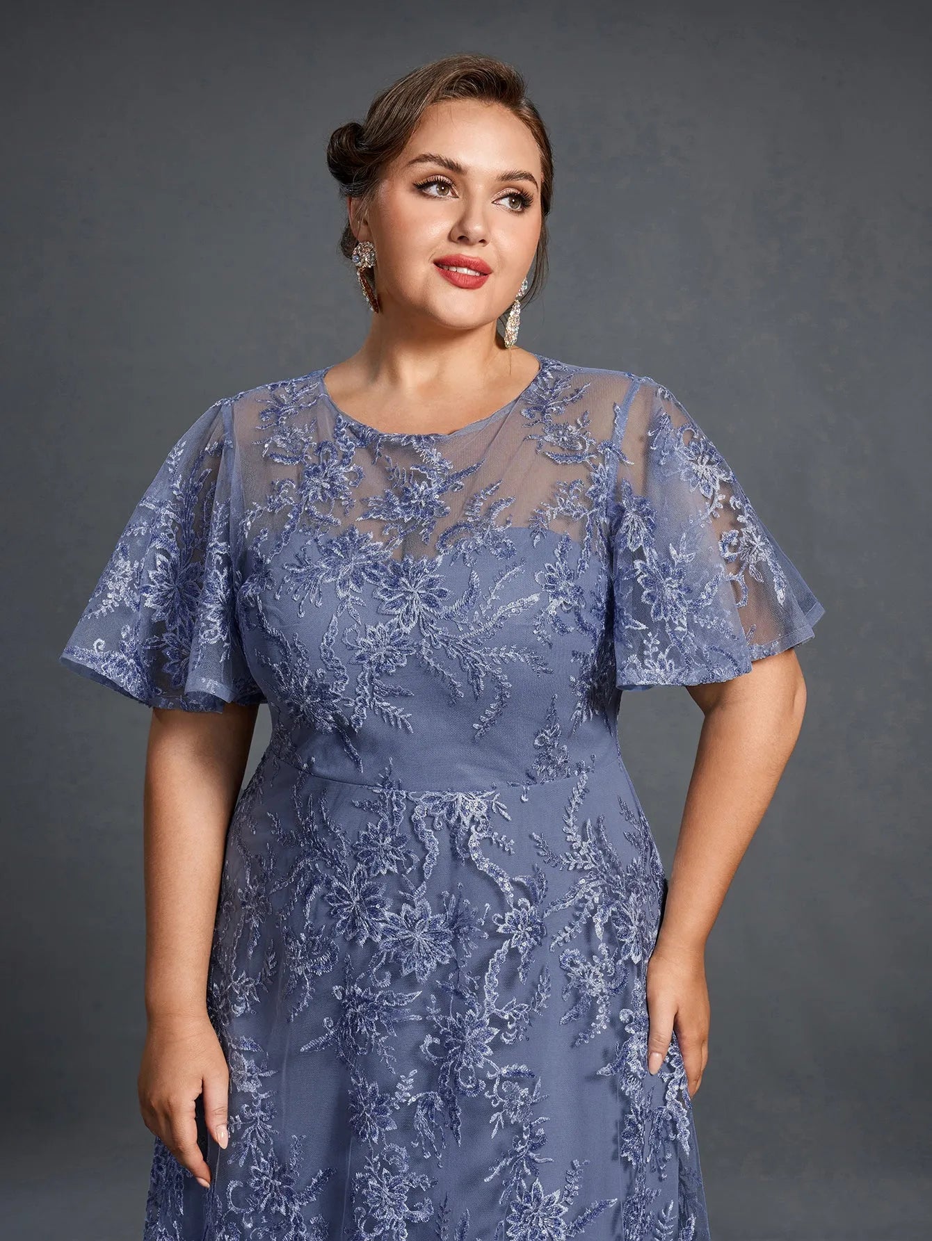 Plus Womens Floral Embroidered Butterfly Sleeves A Line Formal Eveni Blue / 3XL Plus Womens Floral Embroidered Butterfly Sleeves A Line Formal Eveni Blue / 3XL