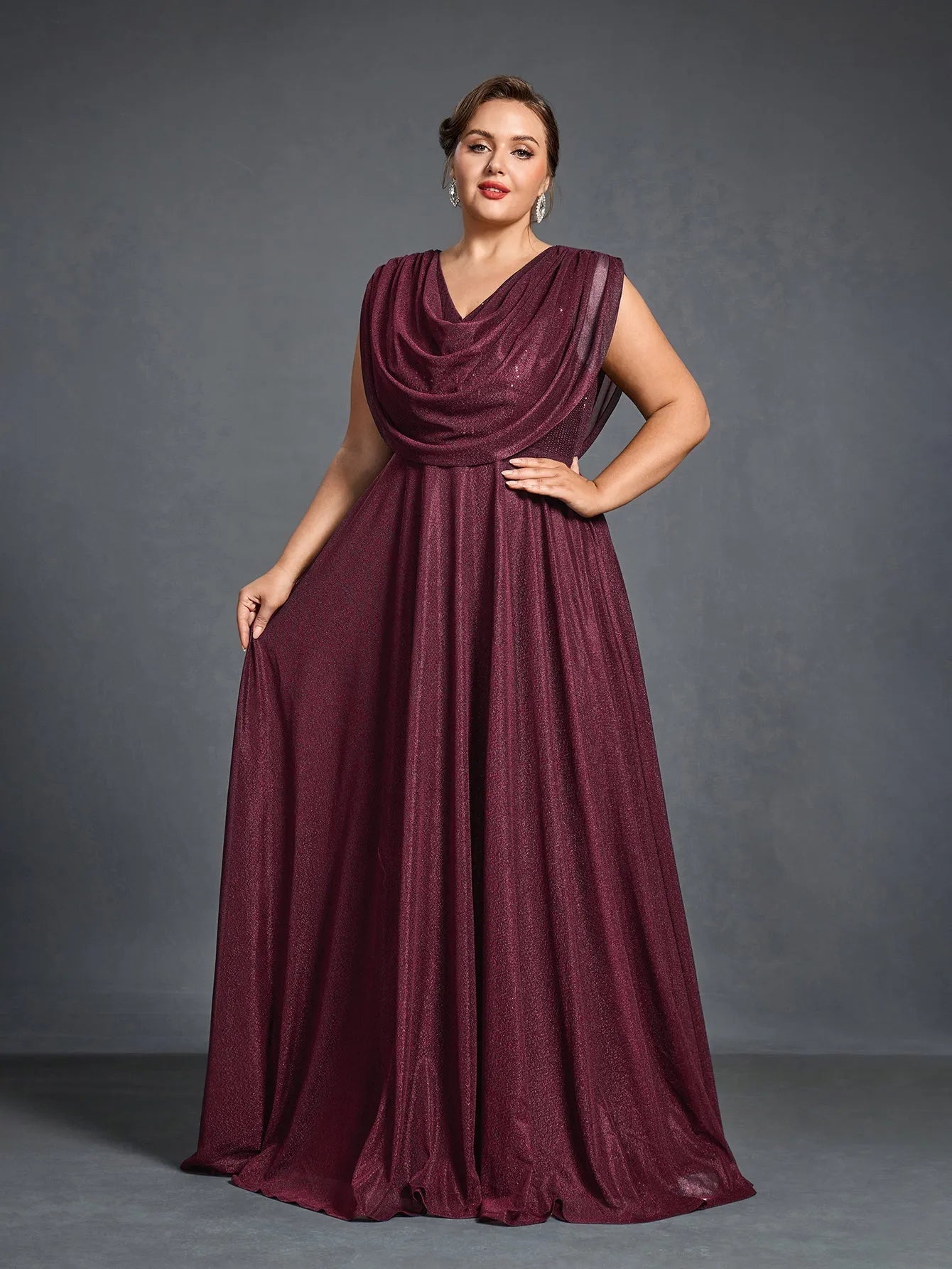 Plus Womens Cowl Neck Sleeveless A Line Formal Dress Burgundy / 3XL Plus Womens Cowl Neck Sleeveless A Line Formal Dress Burgundy / 3XL