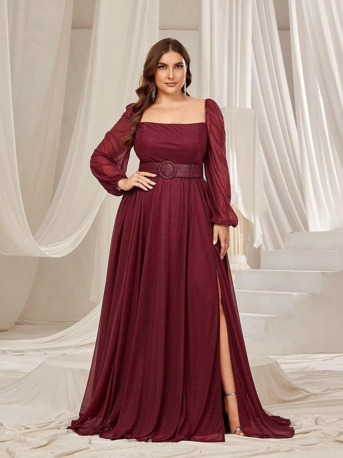 Plus Square Neck Lantern Sleeves Split Thigh Evening Dress Burgundy / 5XL Plus Square Neck Lantern Sleeves Split Thigh Evening Dress Burgundy / 5XL