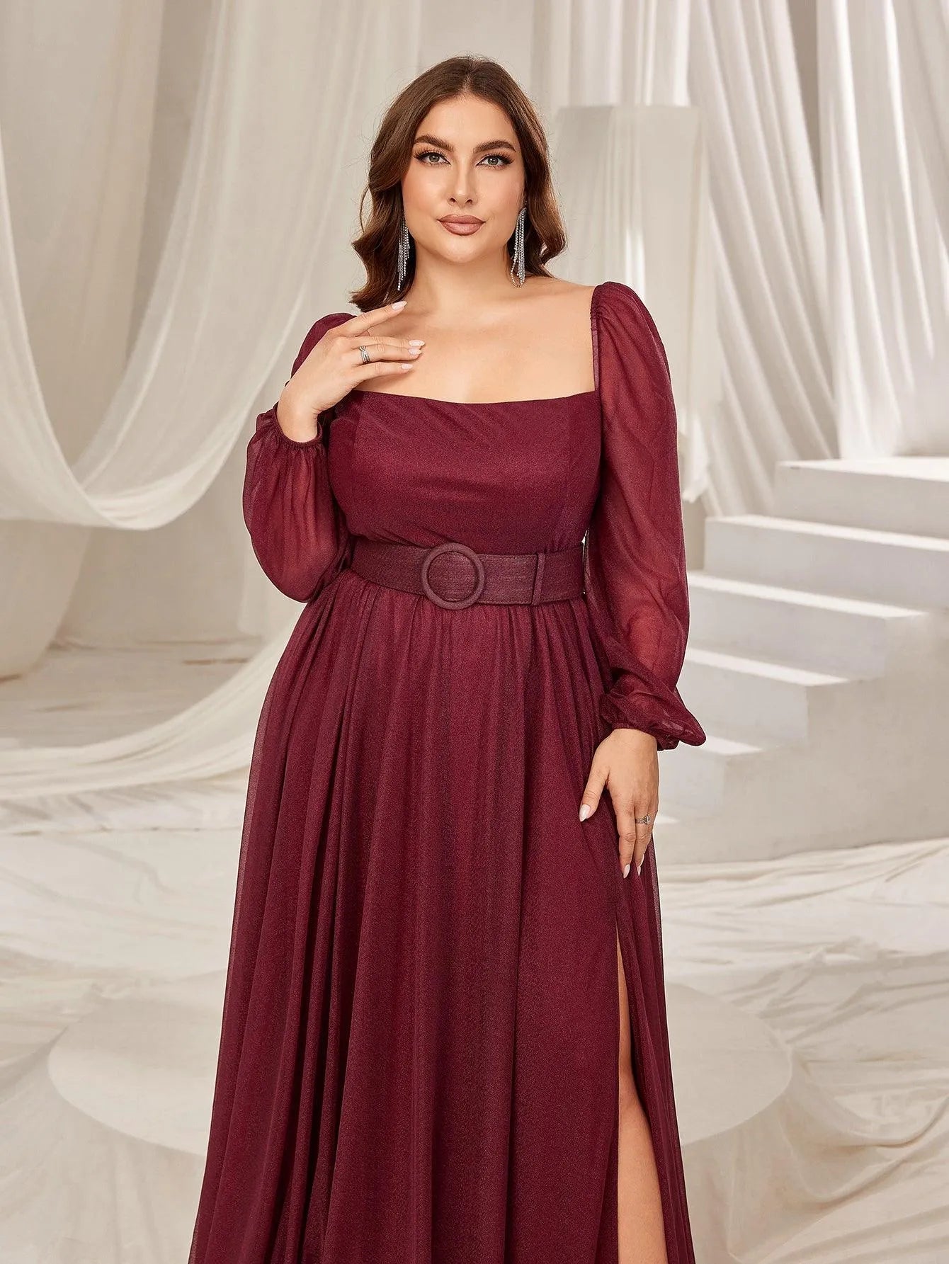 Plus Square Neck Lantern Sleeves Split Thigh Evening Dress - Elonnashop