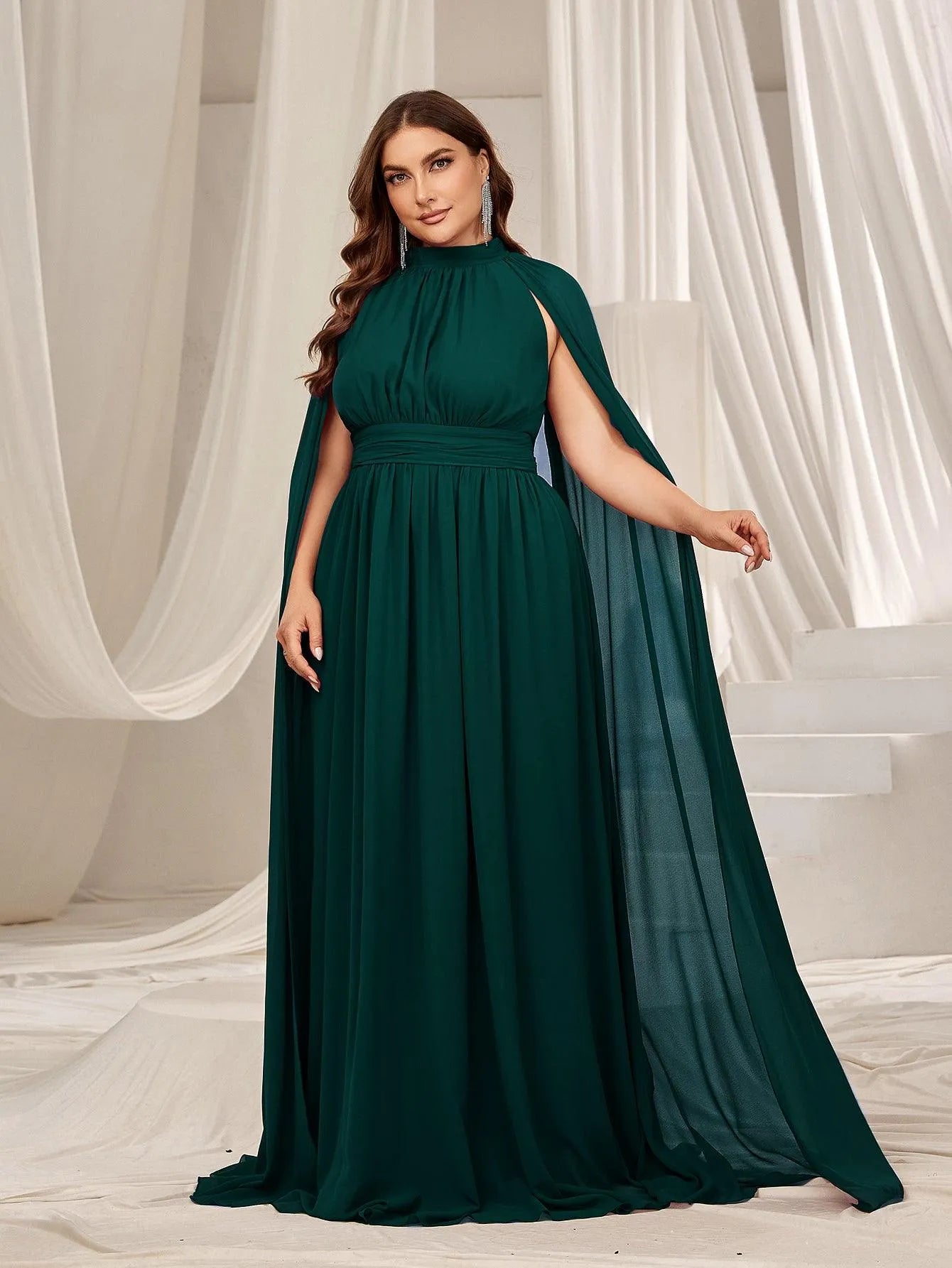 Plus Mock Neck Cloak Sleeves Chiffon Formal Cape Dress Champagne / 2XL Plus Mock Neck Cloak Sleeves Chiffon Formal Cape Dress Champagne / 2XL