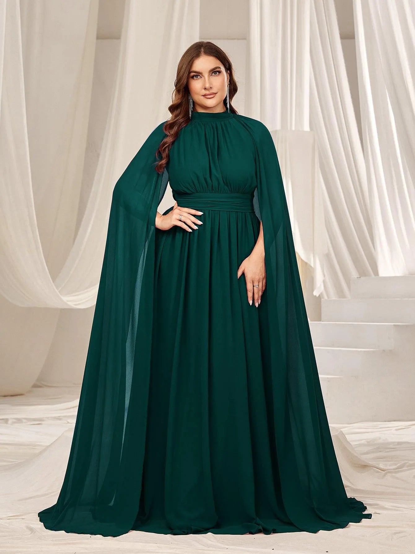 Formal Caped Sleeve Dress Plus Mock Neck Cloak Sleeves Chiffon