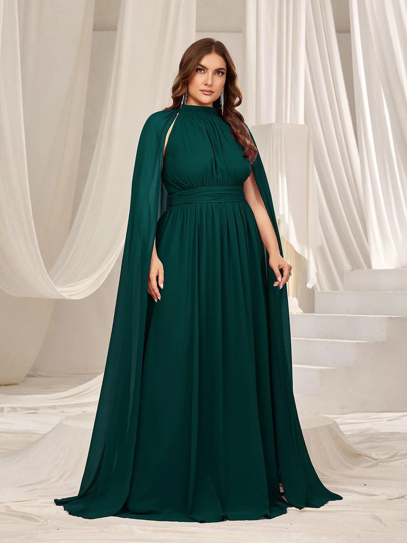 Plus Mock Neck Cloak Sleeves Chiffon Formal Cape Dress Champagne / 2XL Plus Mock Neck Cloak Sleeves Chiffon Formal Cape Dress Champagne / 2XL