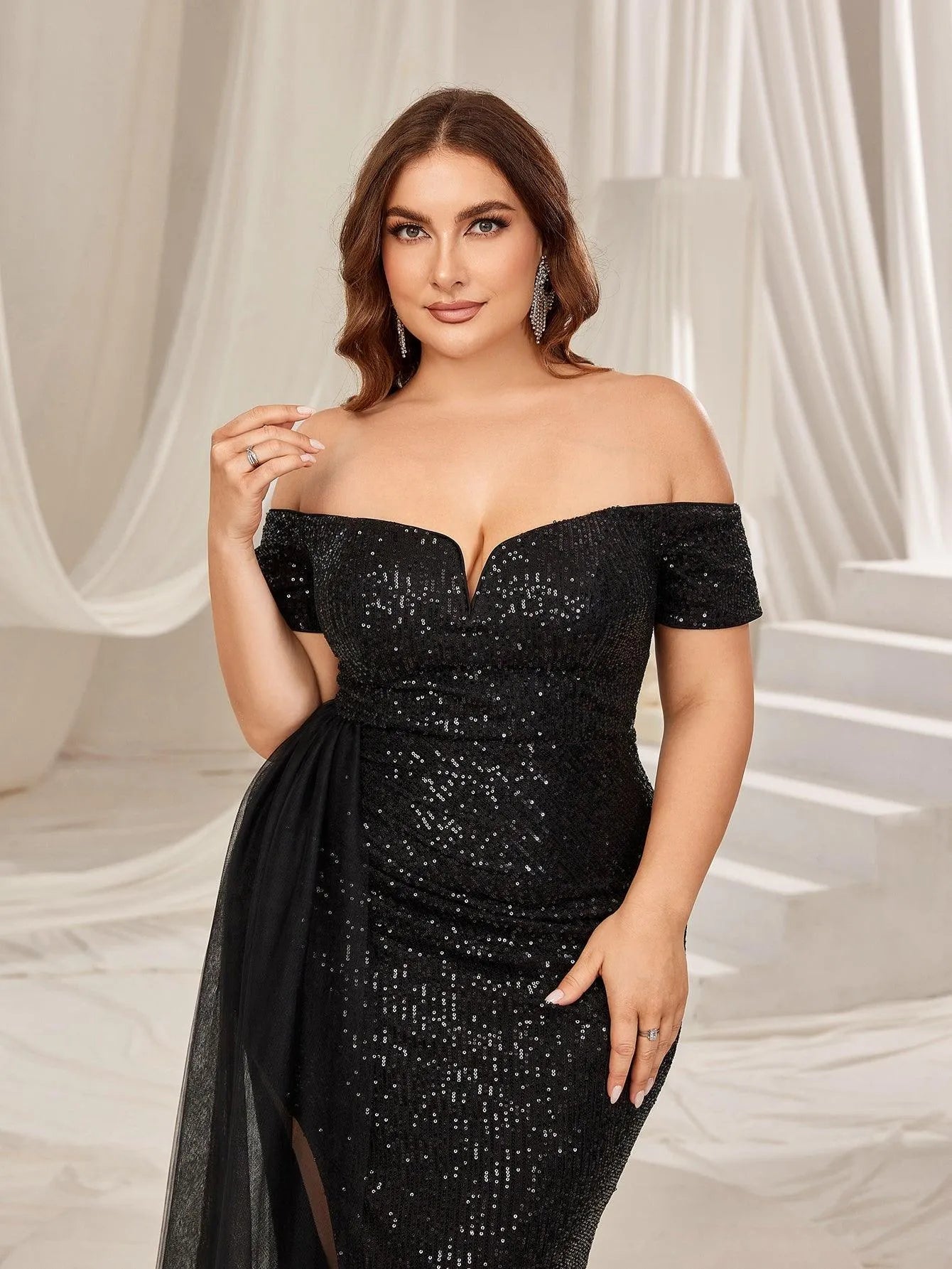 Plus Off Shoulder Sweetheart Neck Split Thigh Sequin Party Dress - Elonnashop