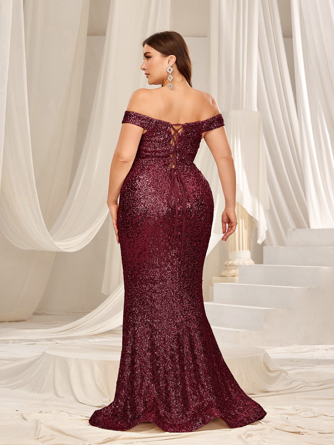 Plus Off Shoulder Mermaid Hem Sequin Evening Dress with Side Slit Champagne / 1XL Plus Off Shoulder Mermaid Hem Sequin Evening Dress with Side Slit Champagne / 1XL