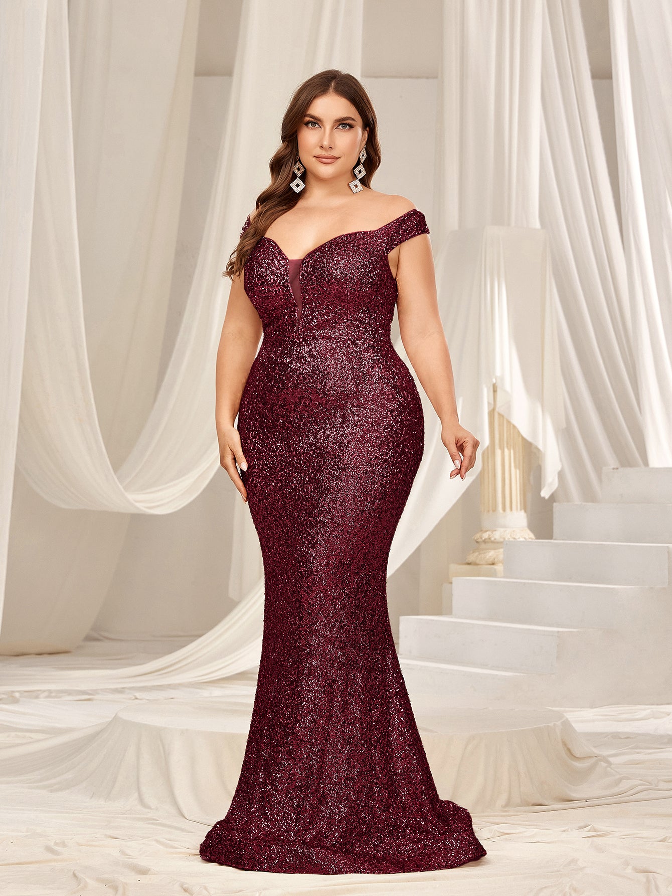 Plus Off Shoulder Mermaid Hem Sequin Evening Dress with Side Slit Champagne / 1XL Plus Off Shoulder Mermaid Hem Sequin Evening Dress with Side Slit Champagne / 1XL