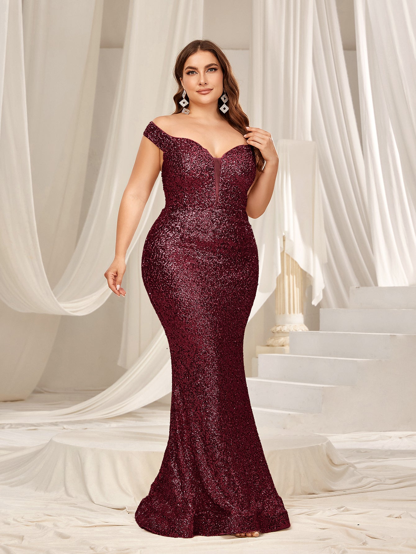 Plus Off Shoulder Mermaid Hem Sequin Evening Dress with Side Slit Champagne / 1XL Plus Off Shoulder Mermaid Hem Sequin Evening Dress with Side Slit Champagne / 1XL