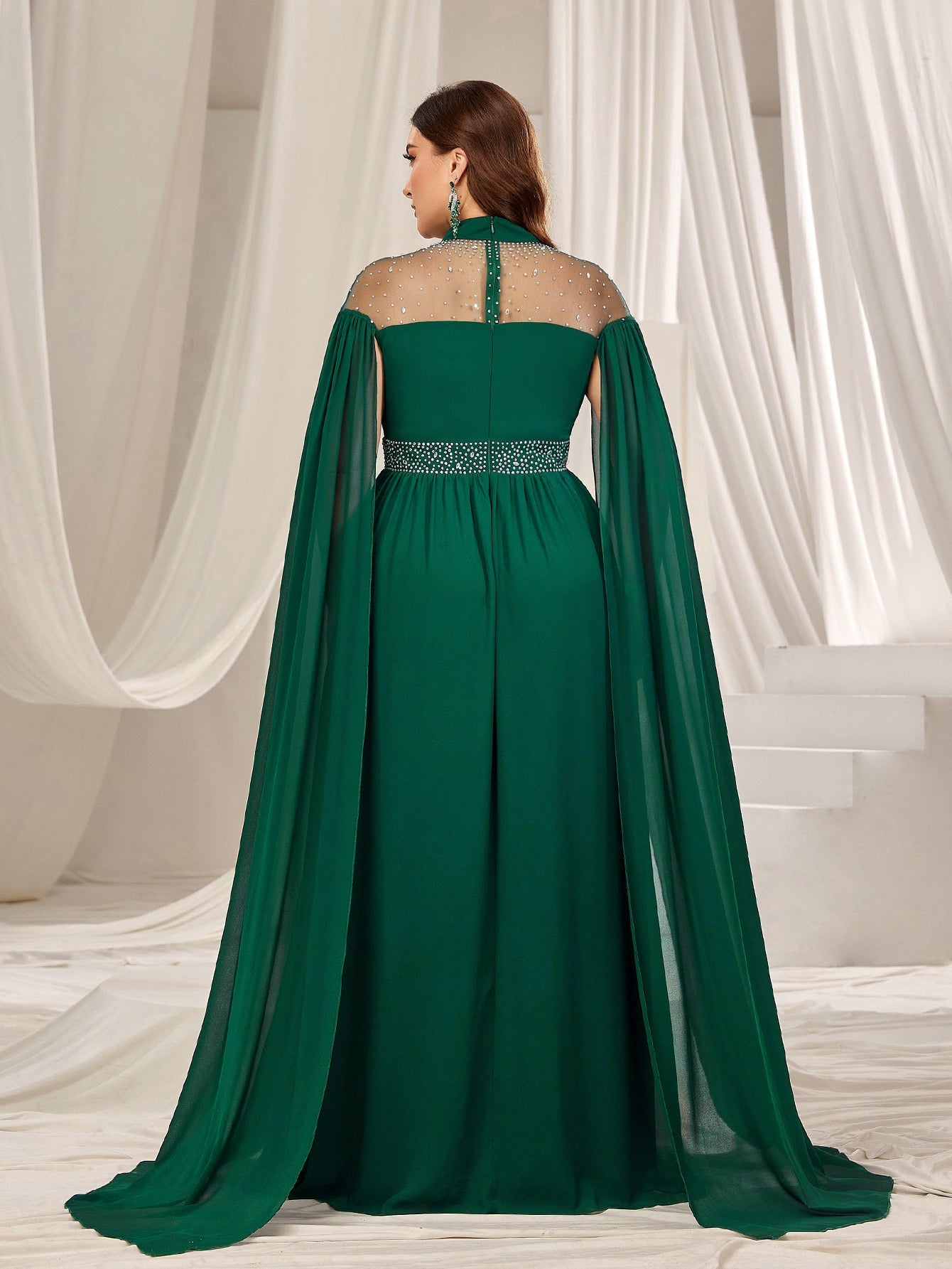 Plus Dramatic Cape Evening Dress | High Neck Chiffon with Rhinestone Details