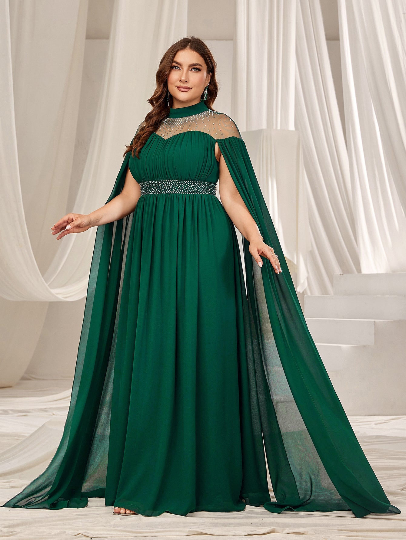 Plus Dramatic Cape Evening Dress | High Neck Chiffon with Rhinestone Details