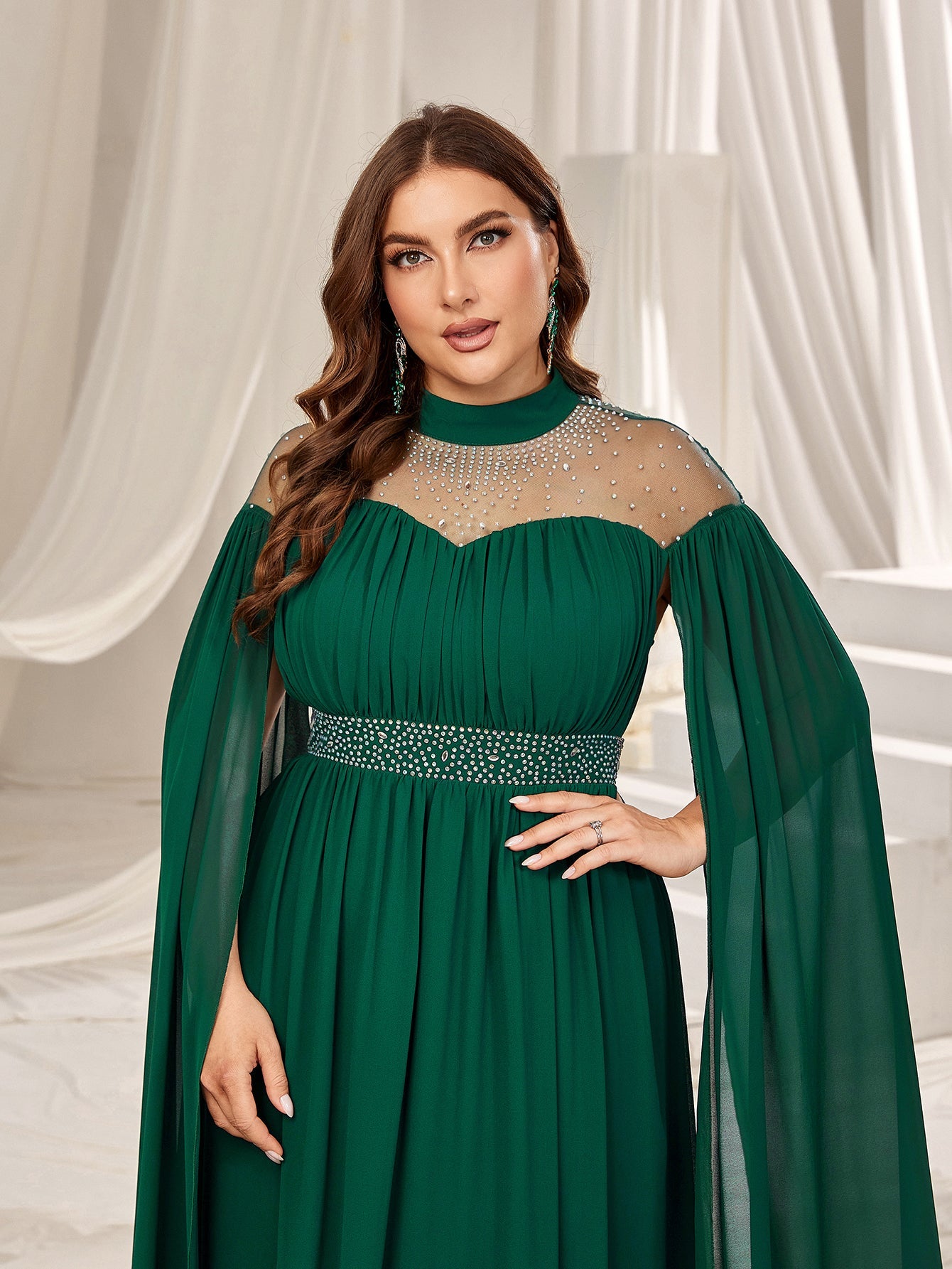Plus Dramatic Cape Evening Dress | High Neck Chiffon with Rhinestone Details