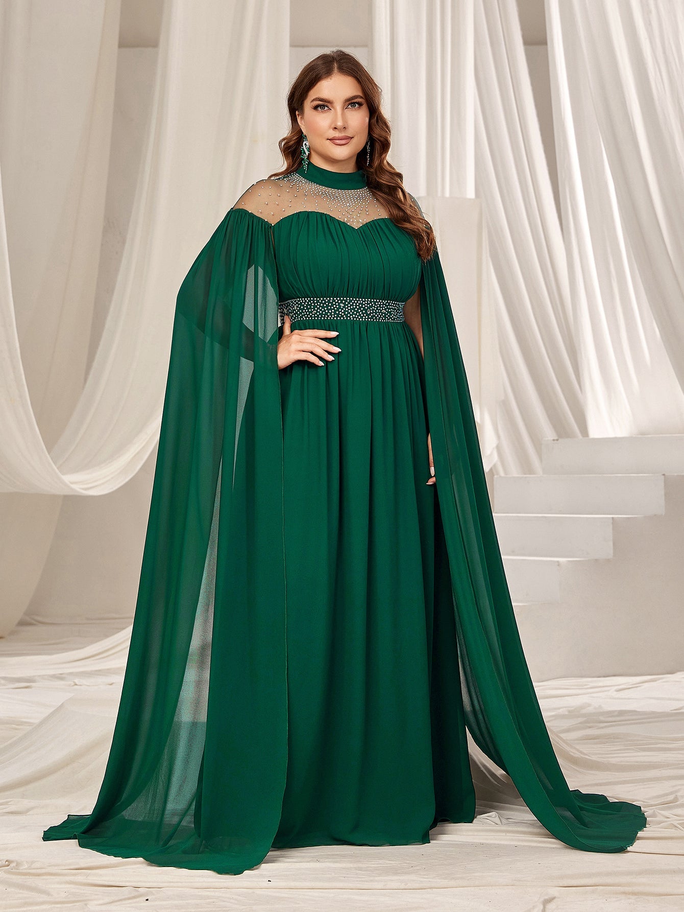 Plus Dramatic Cape Evening Dress | High Neck Chiffon with Rhinestone Details