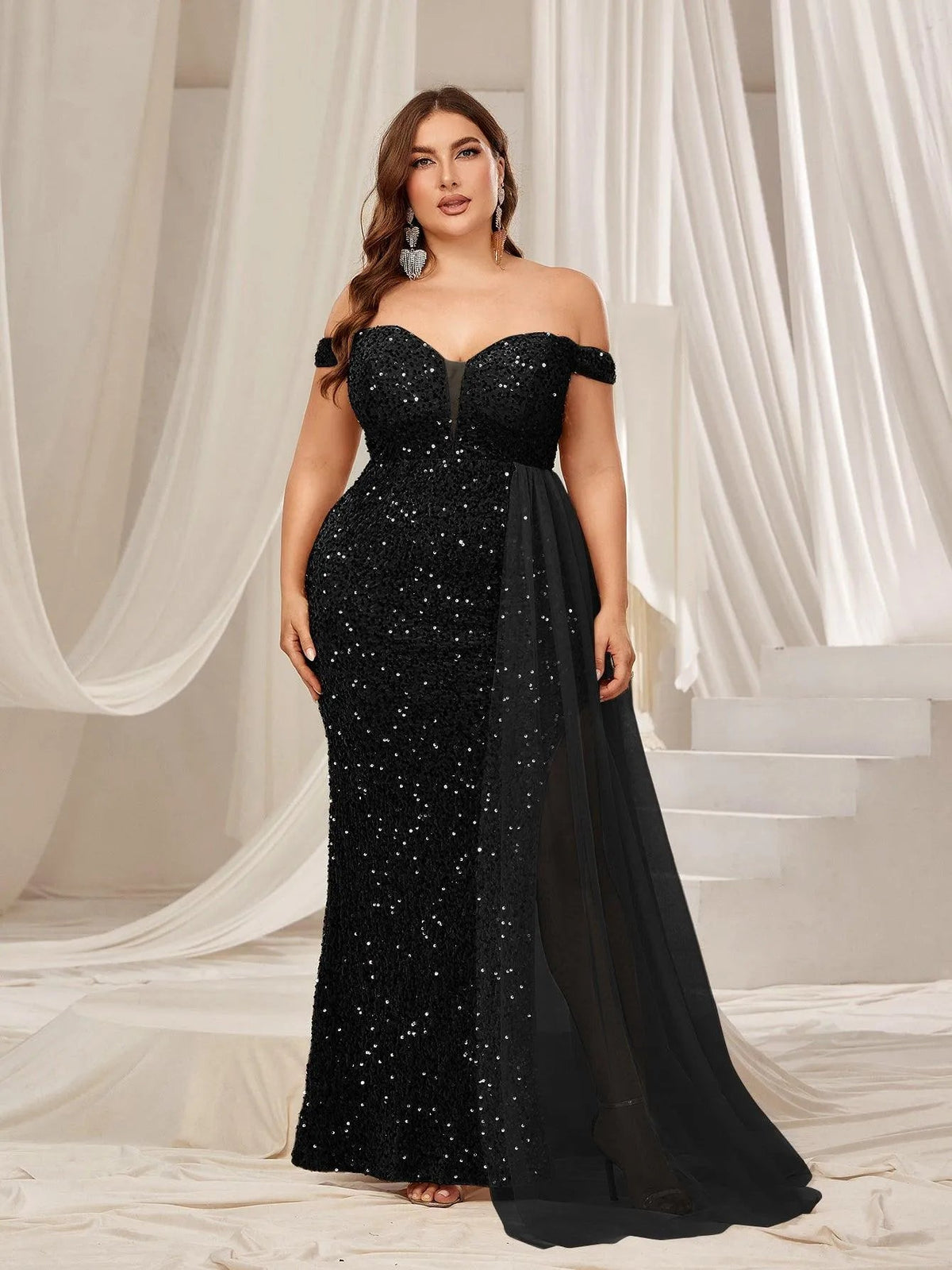 Plus Off Shoulder Split Thigh Sequin Formal Party Dress – Curvepretty