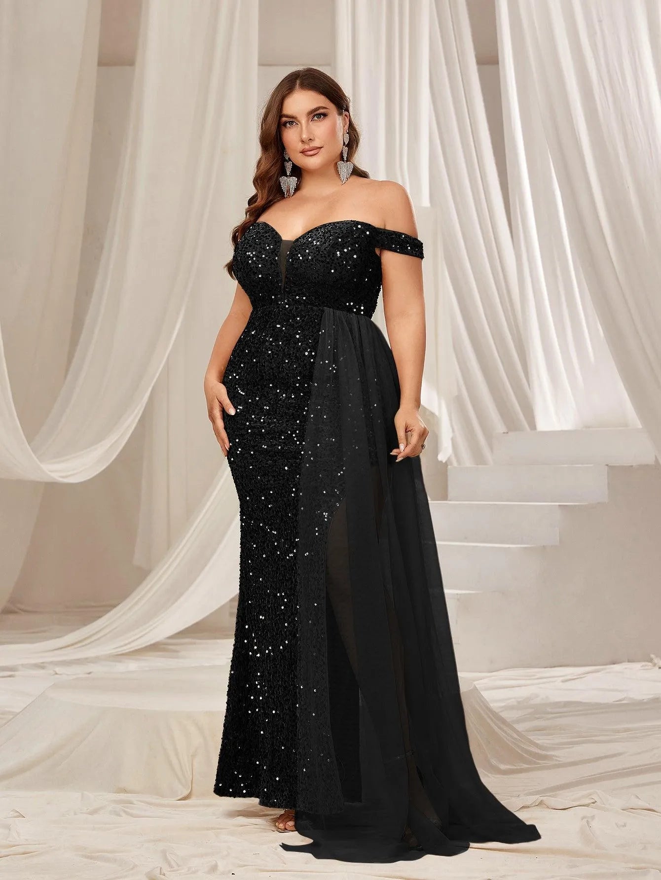 Plus Off Shoulder Split Thigh Sequin Formal Party Dress - Elonnashop