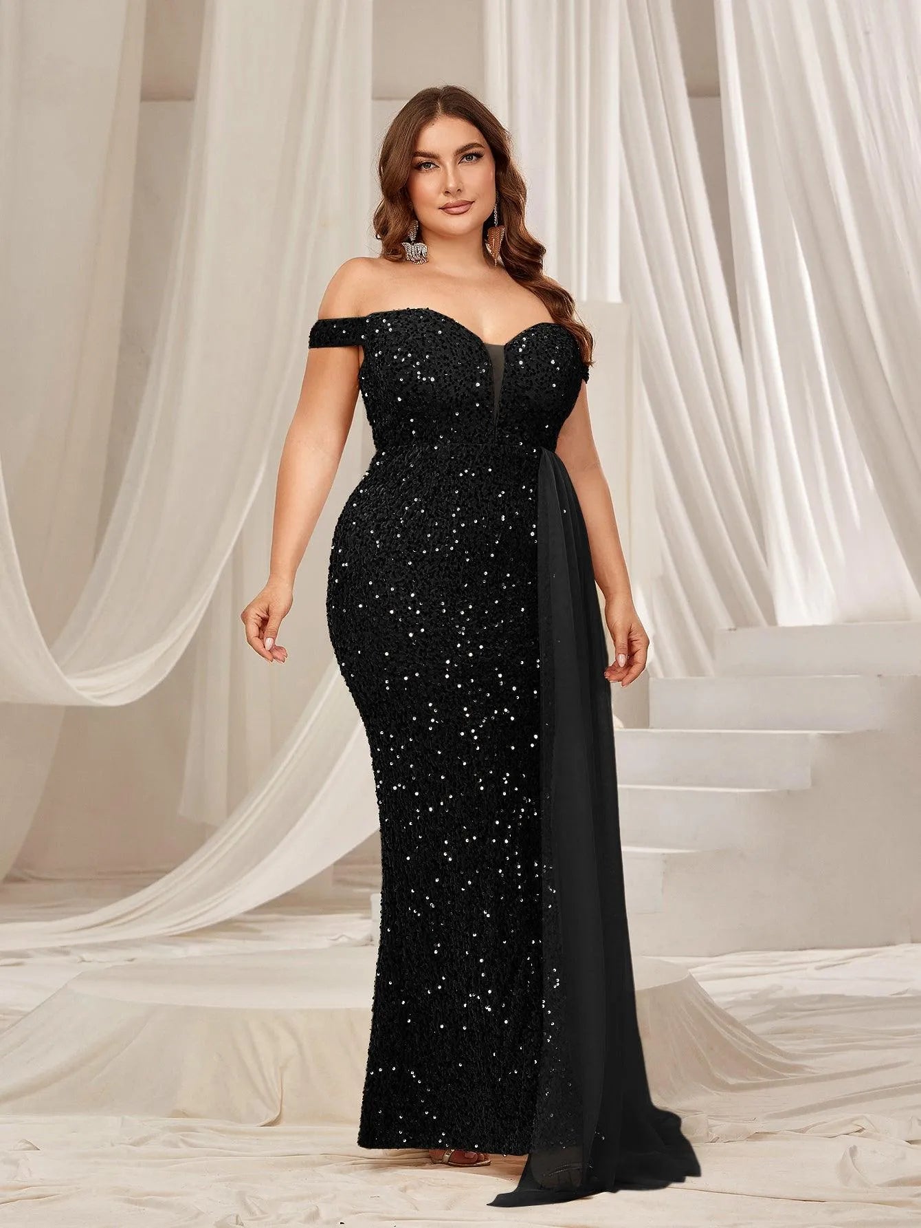 Plus Off Shoulder Split Thigh Sequin Formal Party Dress - Elonnashop