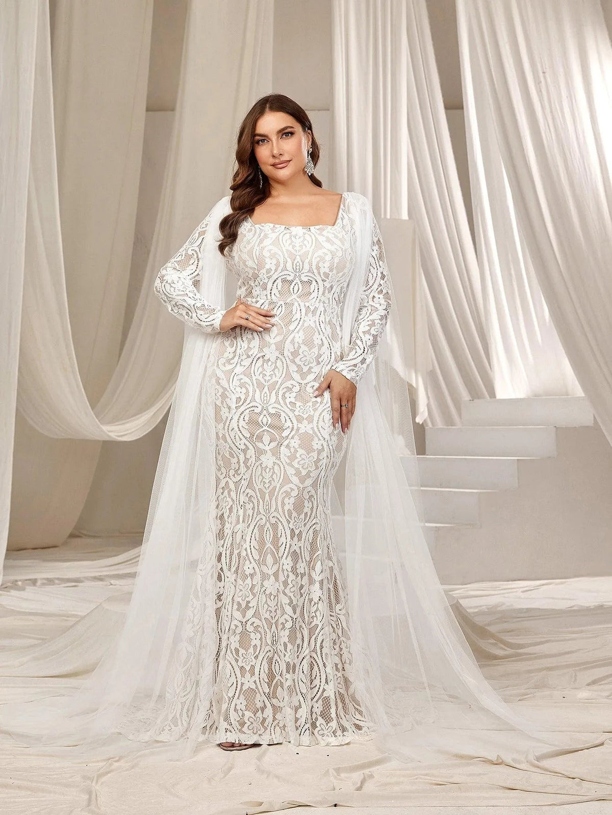 Plus Square Neck Mermaid Hem Lace Wedding Dress - White / 3XL Plus Square Neck Mermaid Hem Lace Wedding Dress - White / 3XL