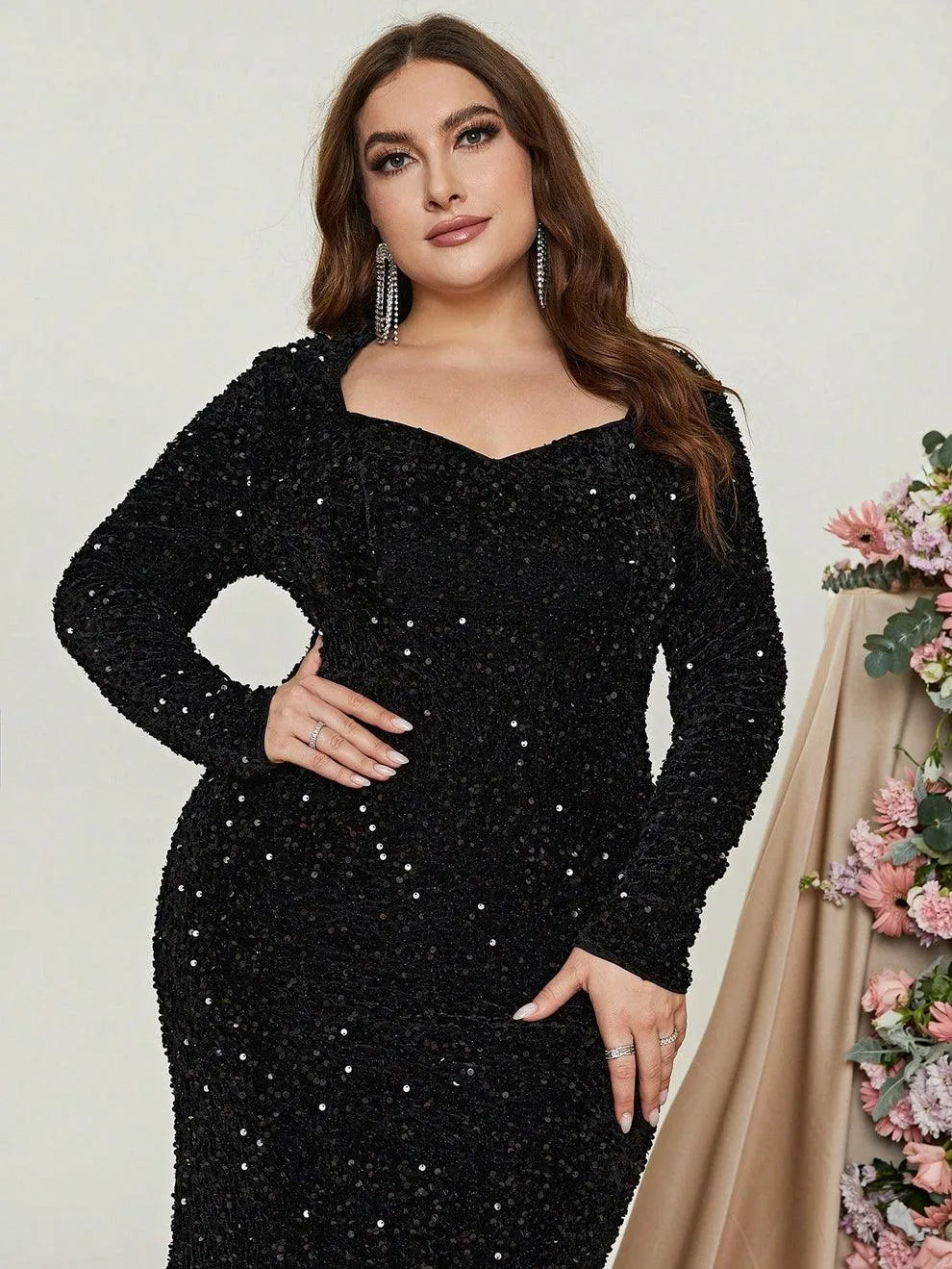 Plus Sweetheart Neck Long Sleeve Sequin Prom Dresses - Elonnashop