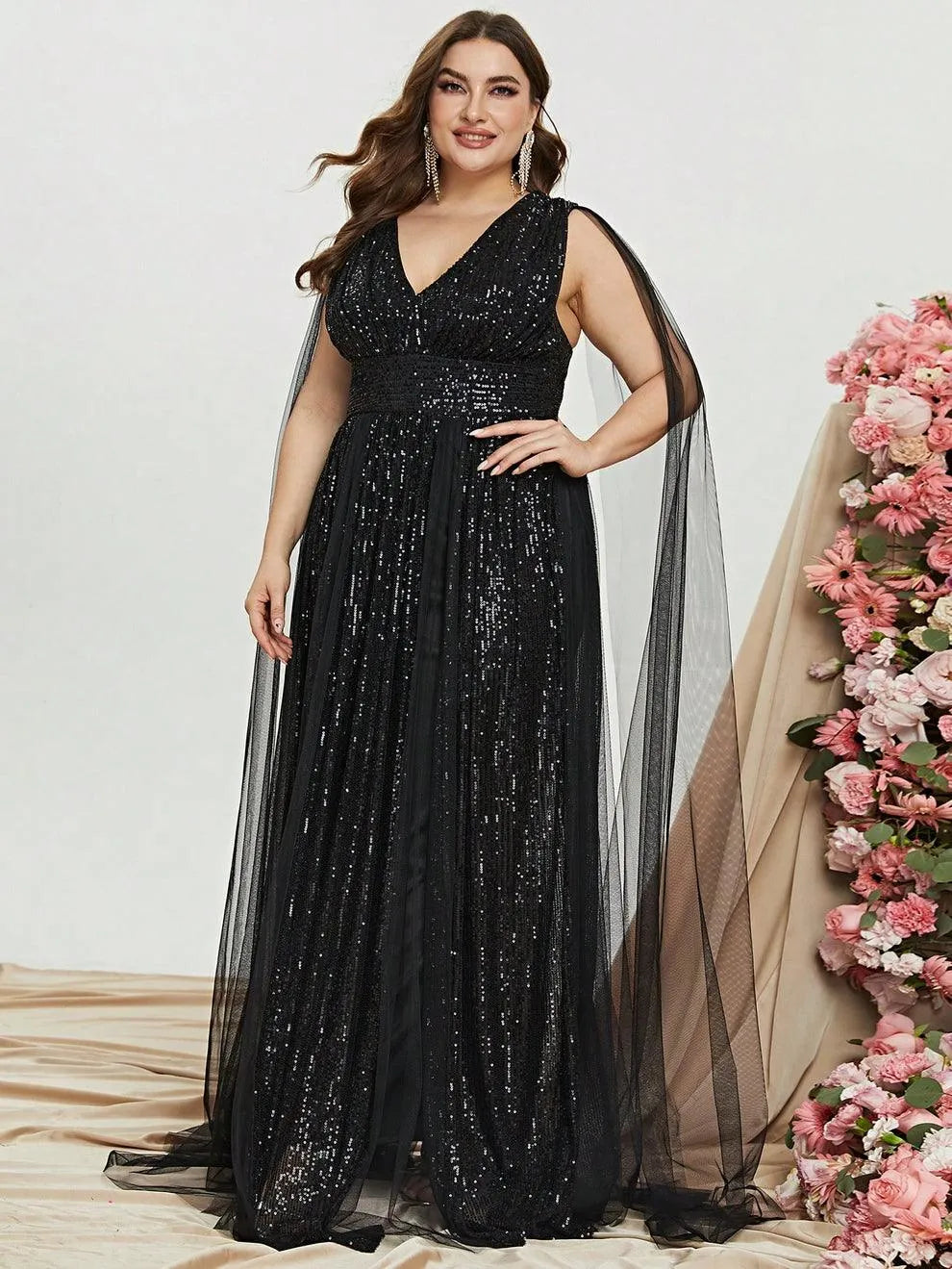 Plus Deep V Neck Sequin A Line Cape Dress Curvepretty Plus Deep V Neck Sequin A Line Cape Dress Curvepretty