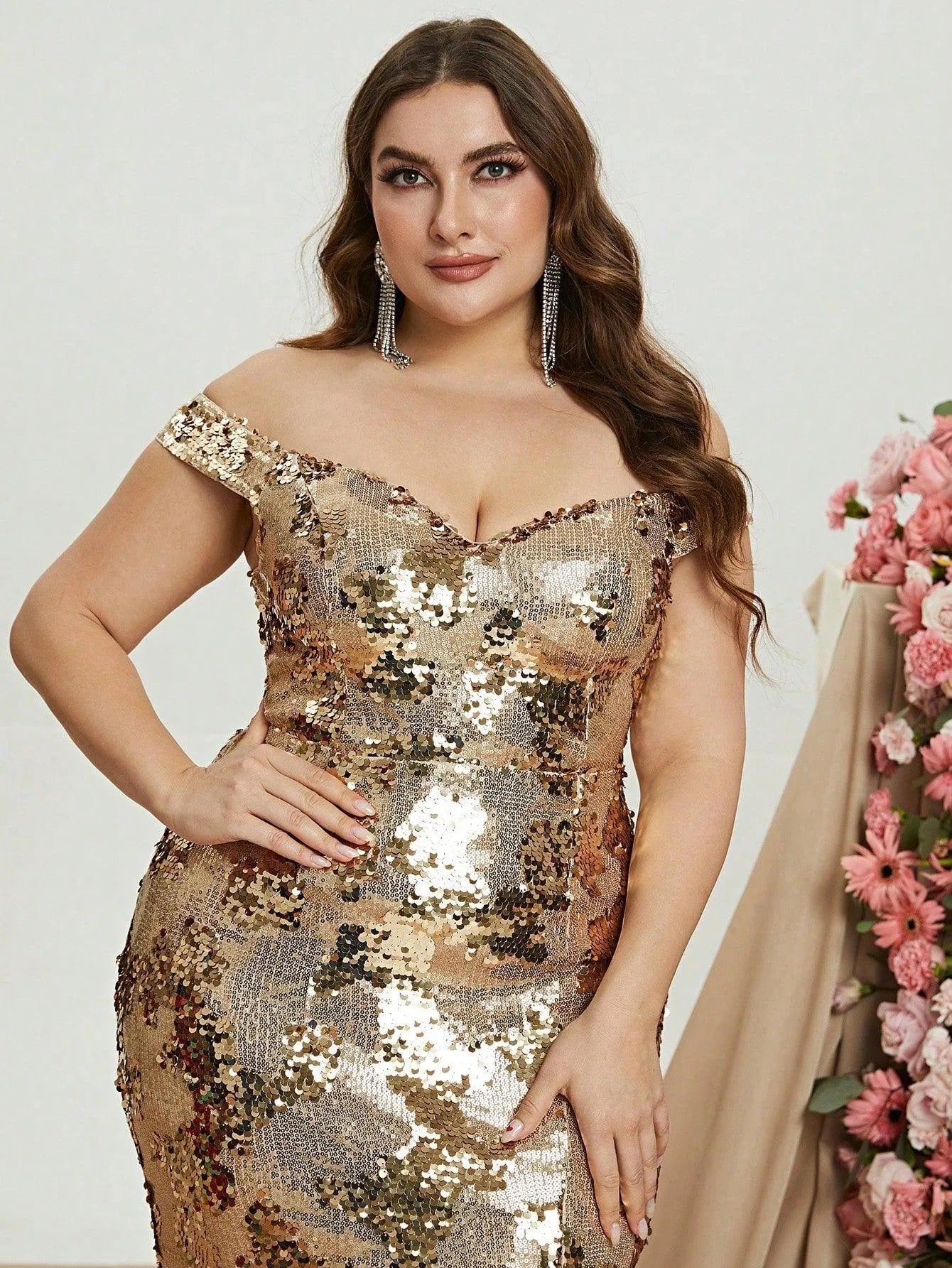 Plus Size Off Shoulder Slit Sequin Mermaid Dress - Elonnashop