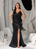 Plus Asymmetrical Neck Split Thigh Sequin Prom Dress