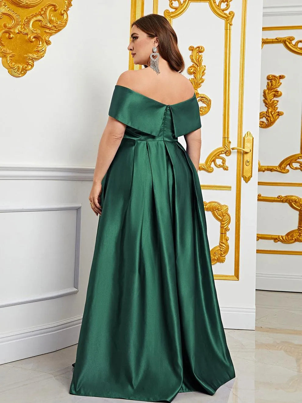 Plus Elegant Off Shoulder Satin A Line Prom Dress - Elonnashop